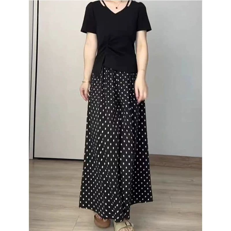 s-6xl 검정색 도트 무늬 캐주얼 바지 여성 의류 여름 얇은 스타일 다용도 하이웨이스트 슬림해 보이는 표지 넓적 다리 한 마디 중간 길이 치마바지 상세 이미지 4