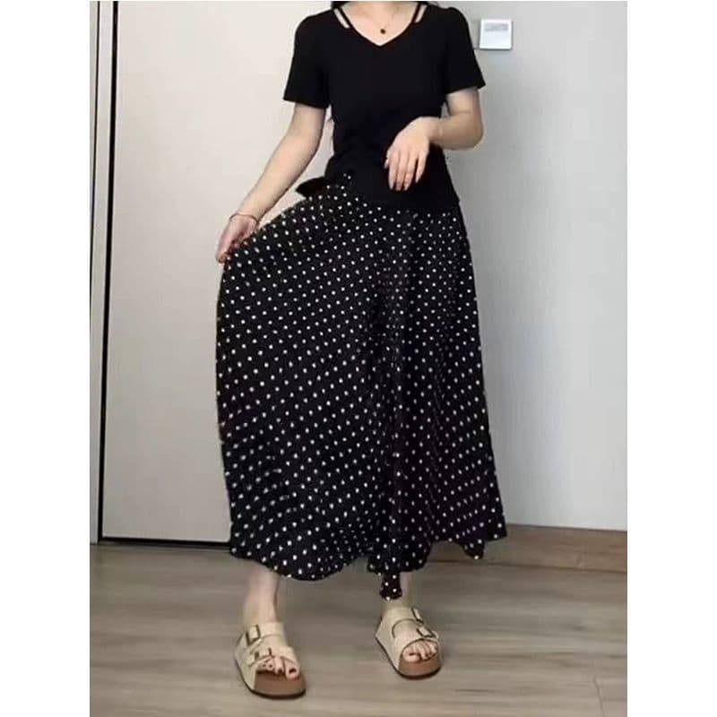 s-6xl 검정색 도트 무늬 캐주얼 바지 여성 의류 여름 얇은 스타일 다용도 하이웨이스트 슬림해 보이는 표지 넓적 다리 한 마디 중간 길이 치마바지 상세 이미지 5