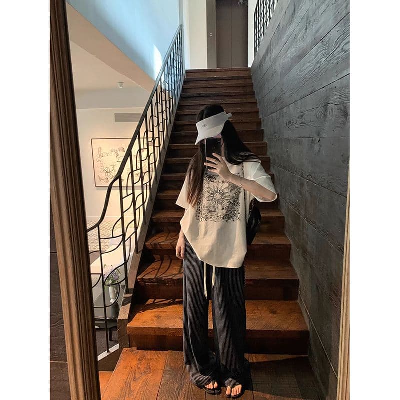 원본 원단 해군 스트라이프 캐주얼 바지 여성 여름 새로운 작은 대중 루즈핏 스트레이트 와이드 레그 팬츠 이미지 4
