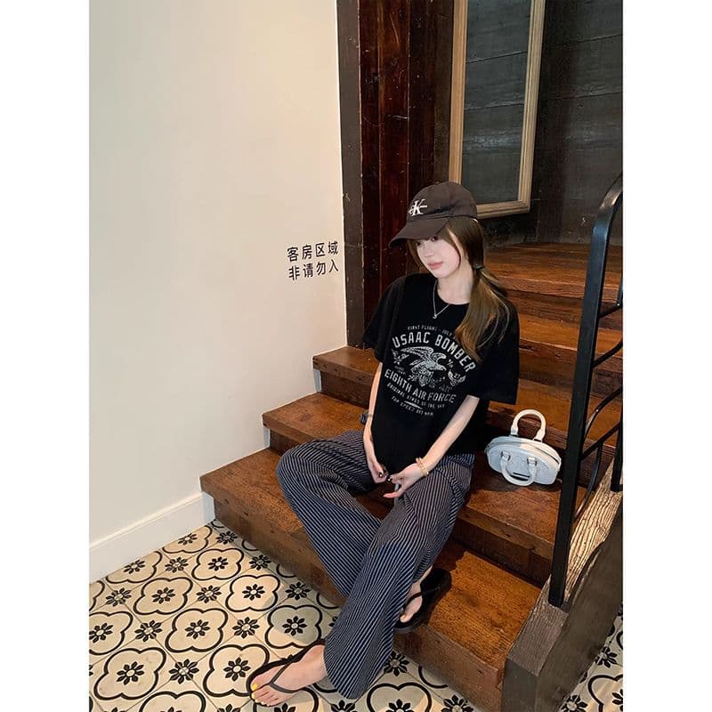 원본 원단 해군 스트라이프 캐주얼 바지 여성 여름 새로운 작은 대중 루즈핏 스트레이트 와이드 레그 팬츠 이미지 3