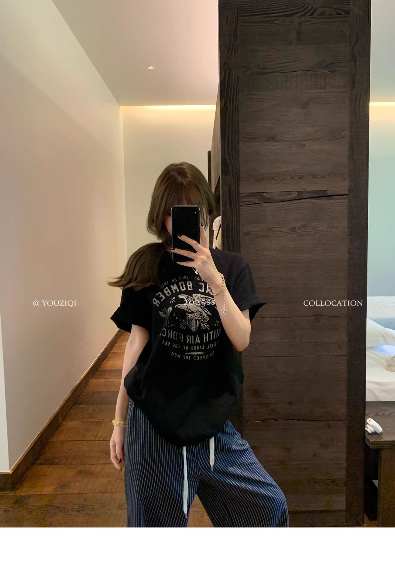 원본 원단 해군 스트라이프 캐주얼 바지 여성 여름 새로운 작은 대중 루즈핏 스트레이트 와이드 레그 팬츠 상세 이미지 3