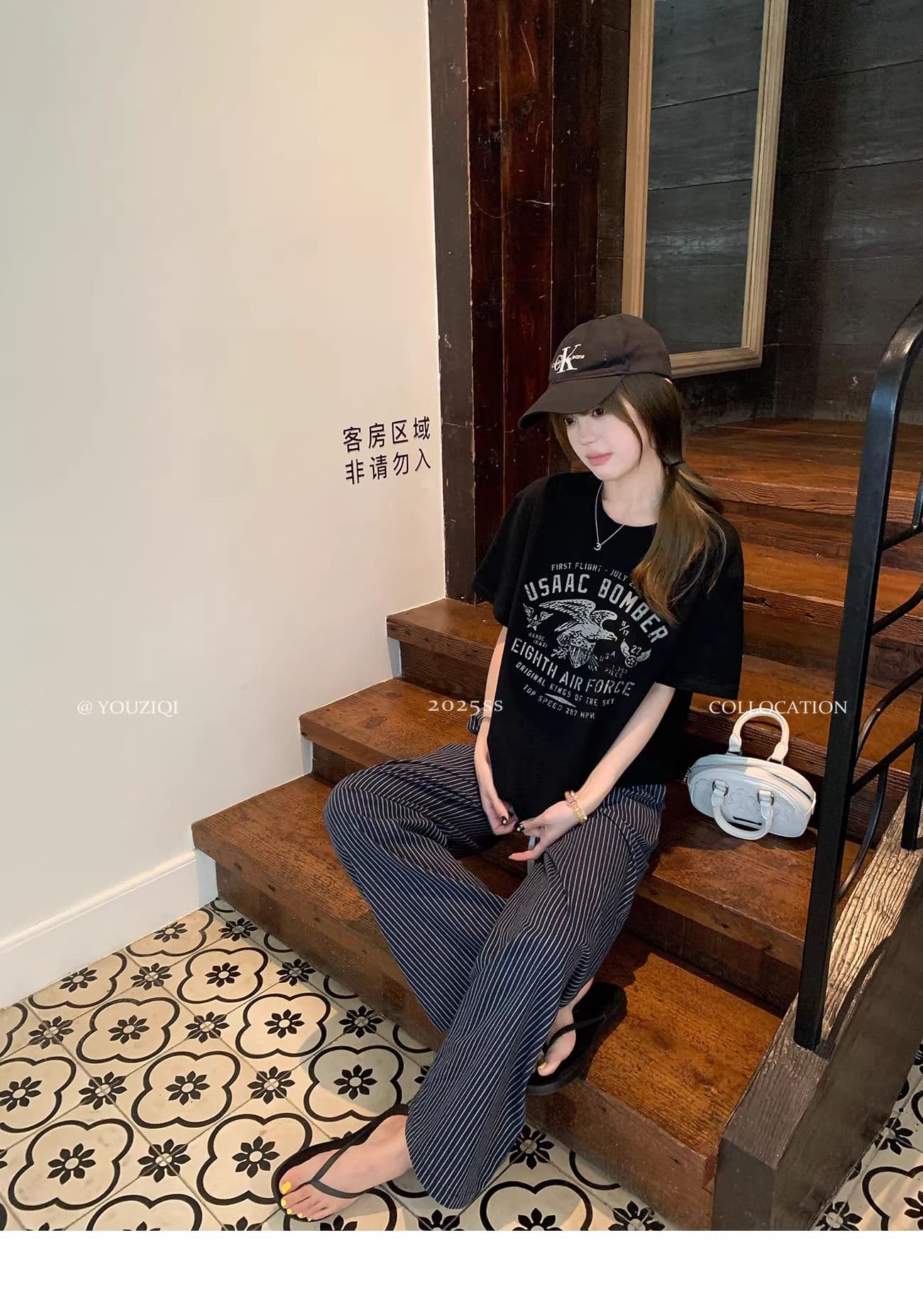 원본 원단 해군 스트라이프 캐주얼 바지 여성 여름 새로운 작은 대중 루즈핏 스트레이트 와이드 레그 팬츠 상세 이미지 4