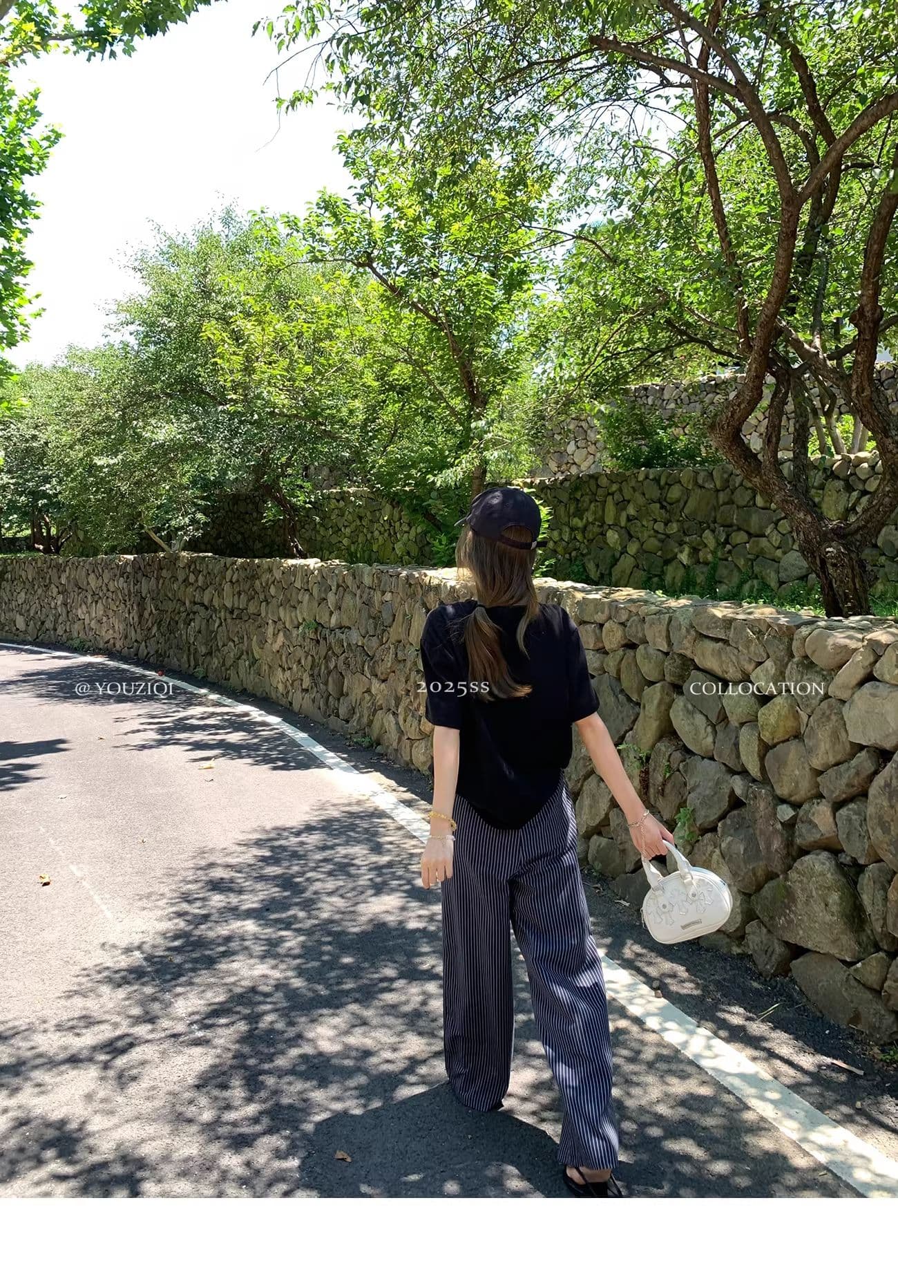 원본 원단 해군 스트라이프 캐주얼 바지 여성 여름 새로운 작은 대중 루즈핏 스트레이트 와이드 레그 팬츠 상세 이미지 9