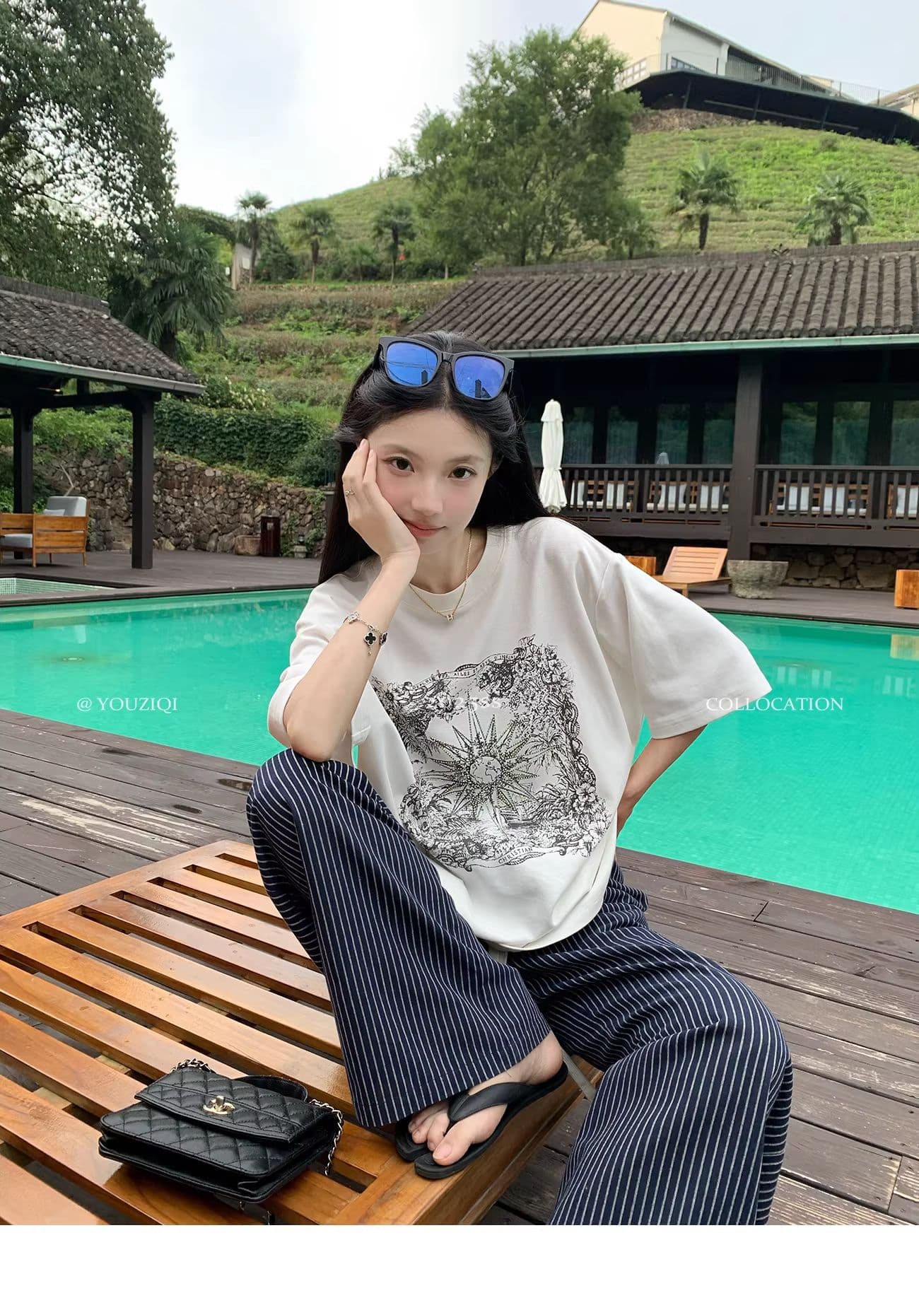 원본 원단 해군 스트라이프 캐주얼 바지 여성 여름 새로운 작은 대중 루즈핏 스트레이트 와이드 레그 팬츠 상세 이미지 13