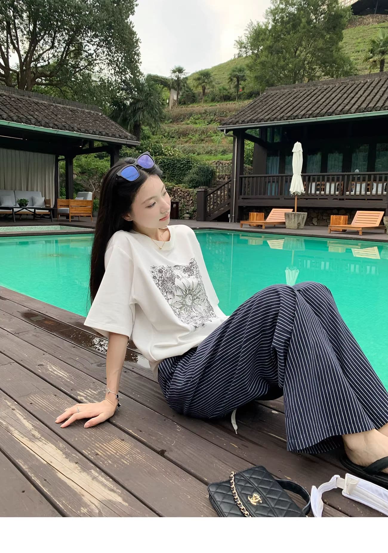 원본 원단 해군 스트라이프 캐주얼 바지 여성 여름 새로운 작은 대중 루즈핏 스트레이트 와이드 레그 팬츠 상세 이미지 17