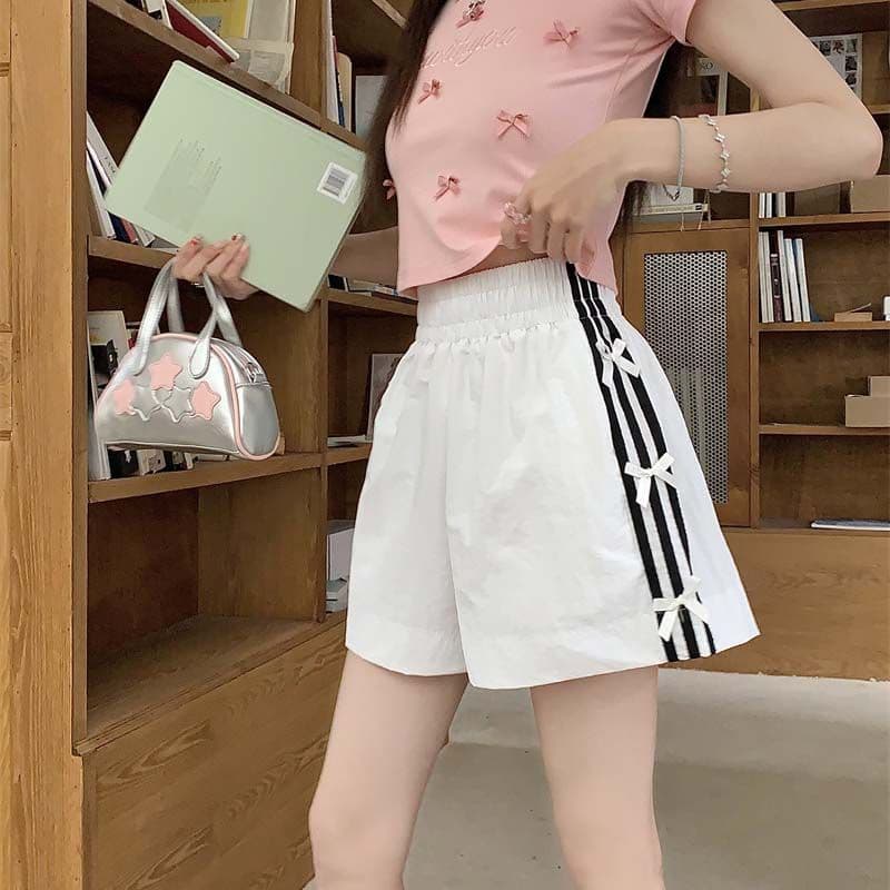 나비 매듭 캐주얼 반바지 여성 여름 새로운 작은 키 루즈핏 3개 바 운동 넓은 다리 핫 바지 이미지 3
