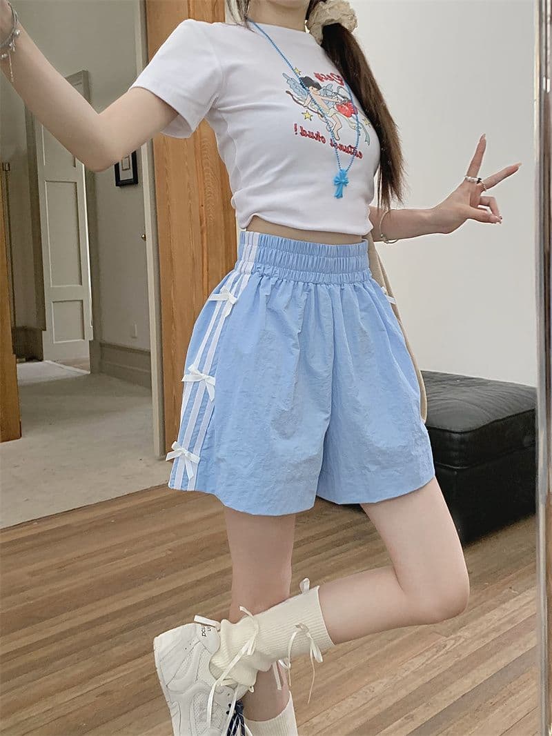 나비 매듭 캐주얼 반바지 여성 여름 새로운 작은 키 루즈핏 3개 바 운동 넓은 다리 핫 바지 상세 이미지 5