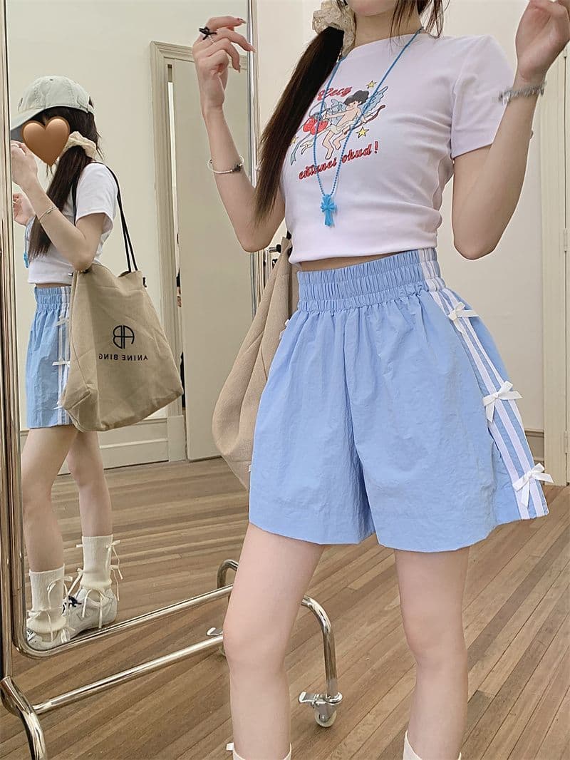나비 매듭 캐주얼 반바지 여성 여름 새로운 작은 키 루즈핏 3개 바 운동 넓은 다리 핫 바지 상세 이미지 6