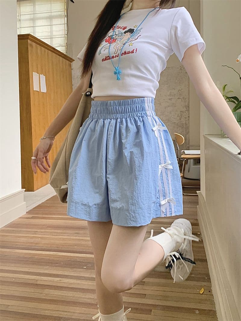 나비 매듭 캐주얼 반바지 여성 여름 새로운 작은 키 루즈핏 3개 바 운동 넓은 다리 핫 바지 상세 이미지 8