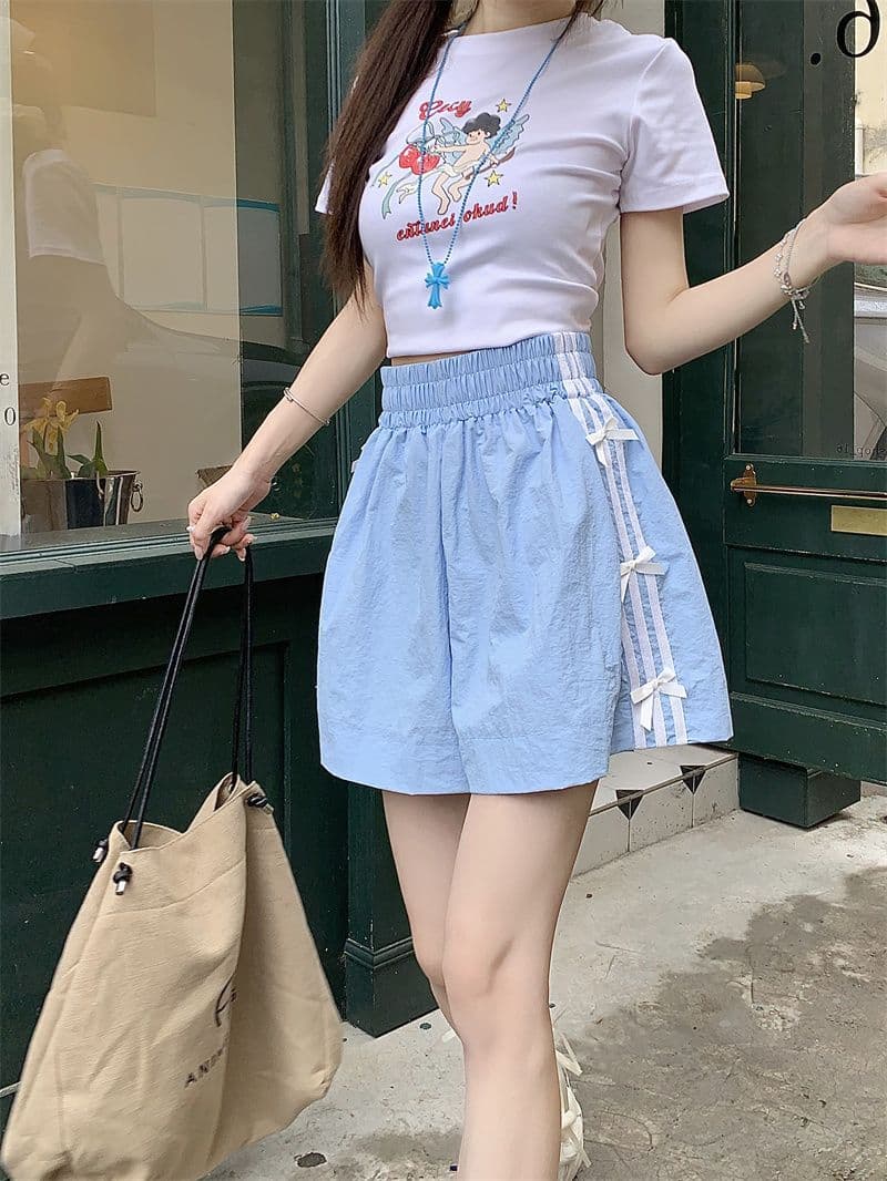 나비 매듭 캐주얼 반바지 여성 여름 새로운 작은 키 루즈핏 3개 바 운동 넓은 다리 핫 바지 상세 이미지 10