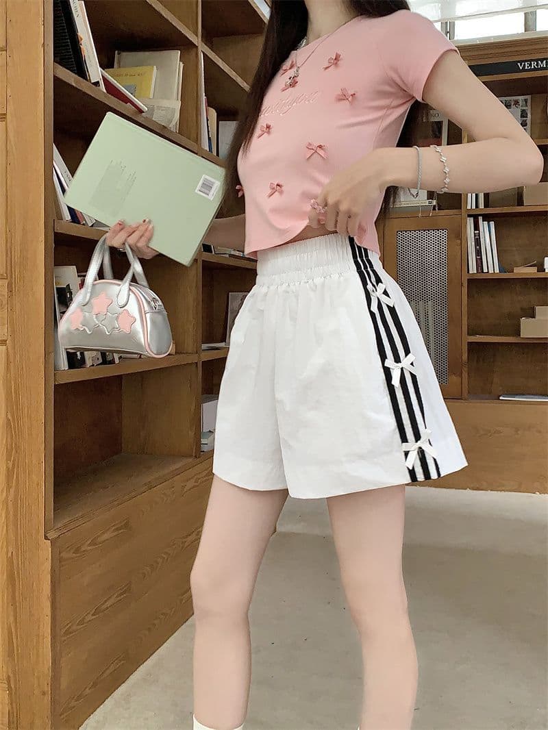 나비 매듭 캐주얼 반바지 여성 여름 새로운 작은 키 루즈핏 3개 바 운동 넓은 다리 핫 바지 상세 이미지 14