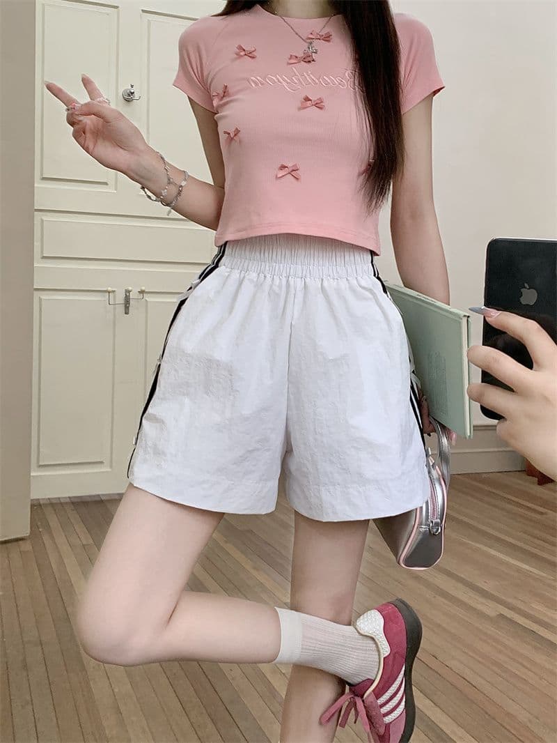 나비 매듭 캐주얼 반바지 여성 여름 새로운 작은 키 루즈핏 3개 바 운동 넓은 다리 핫 바지 상세 이미지 17