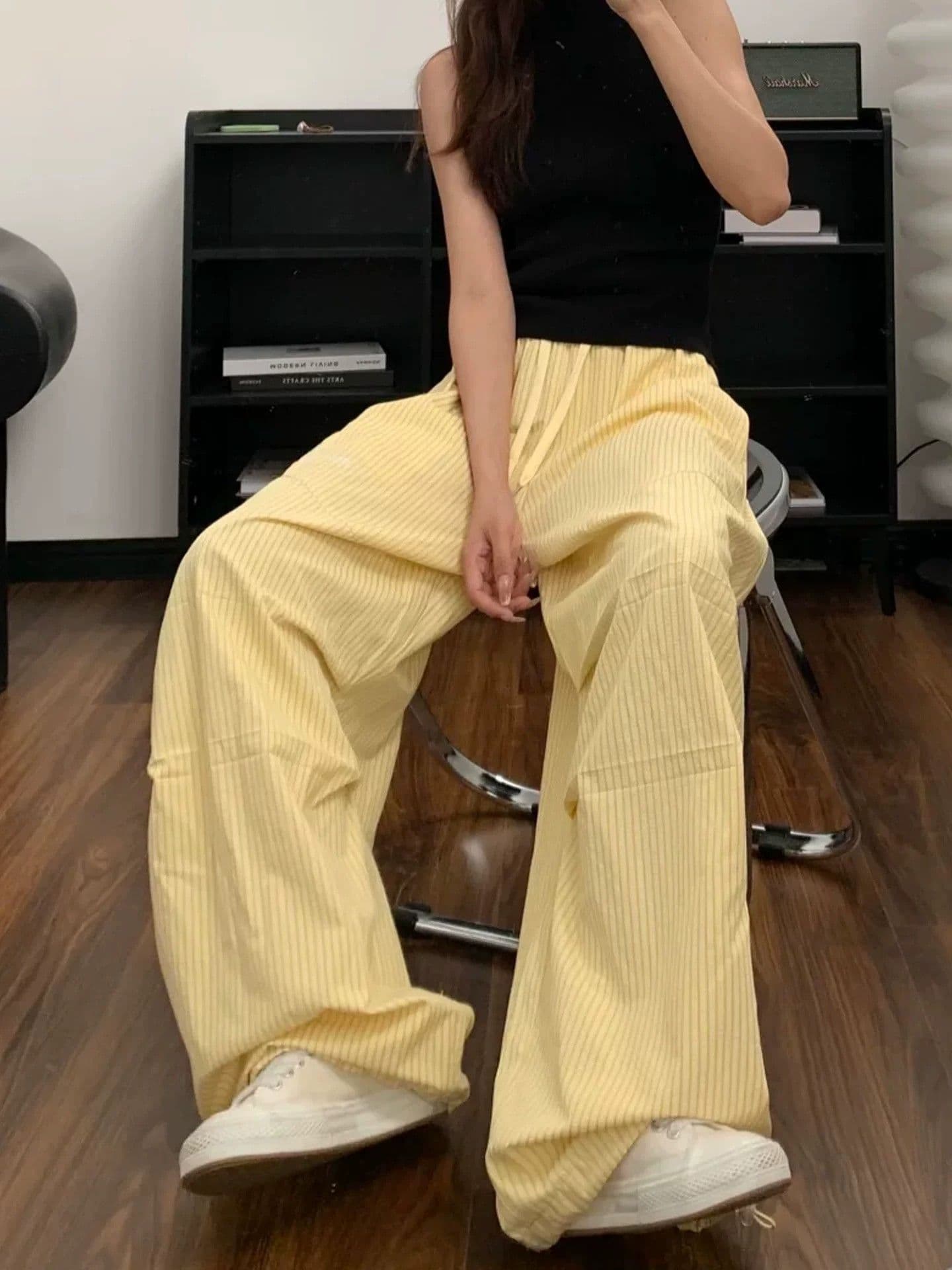 3 차원 허리 머리 스트라이프 워크웨어 와이드 레깅스 바지 여름 얇은 하이웨이스트 루즈핏 슬림해 보이는 차가운 바람의 소리 바람 낙하산 병 아웃도어 팬츠 이미지 3