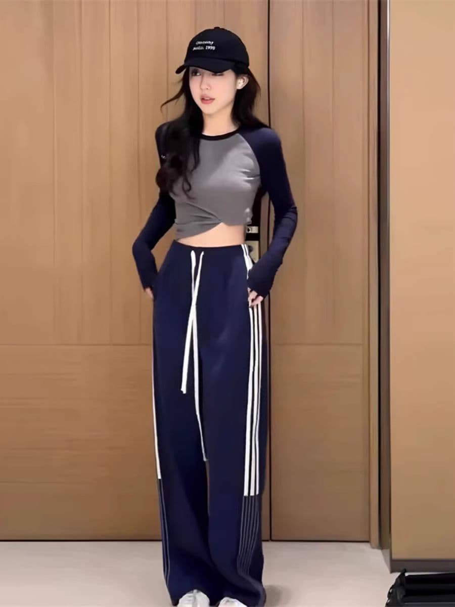 검정색 아메리칸 운동 바지 여성 여름 2026 새로운 하이웨이스트 캐주얼 루즈핏 스트레이트 스트라이프 넓은 다리 학교 바지