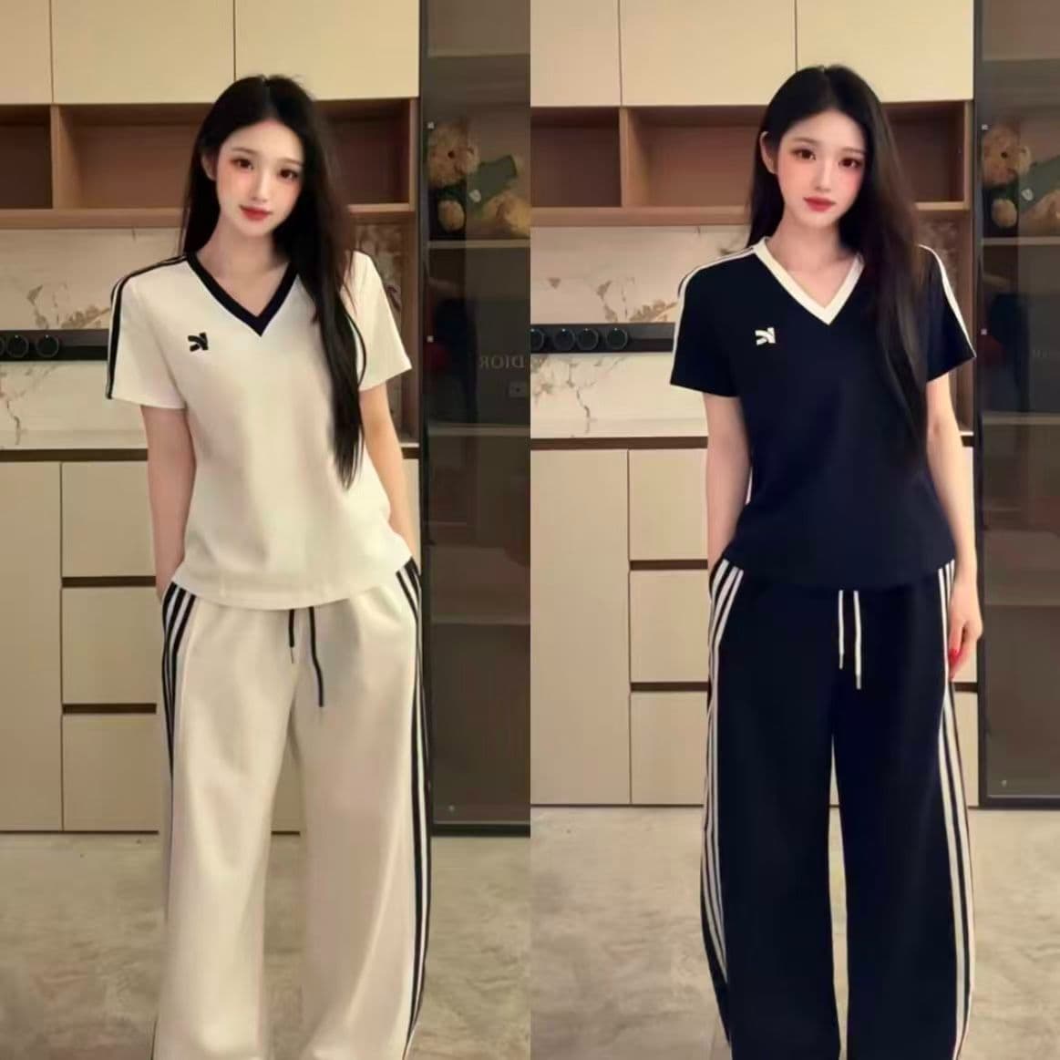 캐주얼 2026 여름 새로운 V넥 세트 클래식 섹션 외국 가스 패션 반팔 티셔츠 루즈핏 와이드 레그 팬츠 투피스 세트 상세 이미지 2