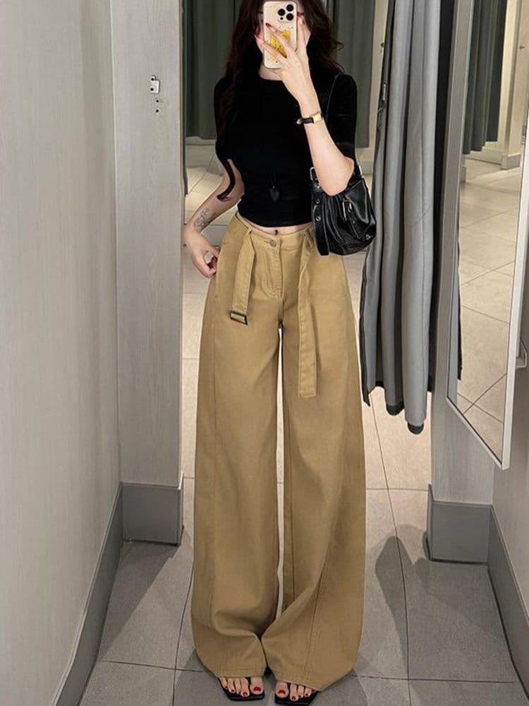 아메리칸 레트로 벨트 카키 색 와이드 레깅스 바지 2026 새로운 하이웨이스트 루즈핏 슬림해 보이는 도루 센스 캐주얼 바지 상세 이미지 1