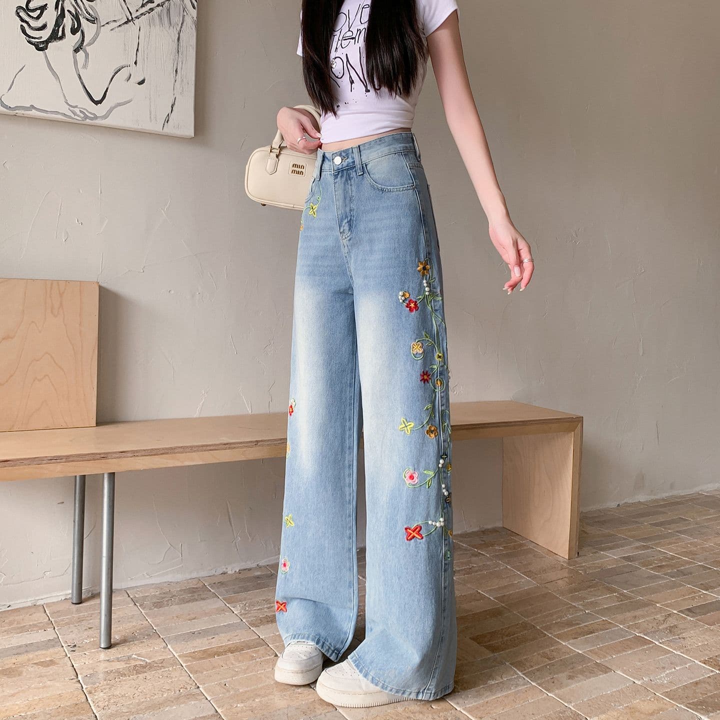 실사 꽃무늬 아라비 움 자수 진주 청바지 여성 새로운 루즈핏 프로필 모양 스트레이트 워싱 롱 바지 상세 이미지 2