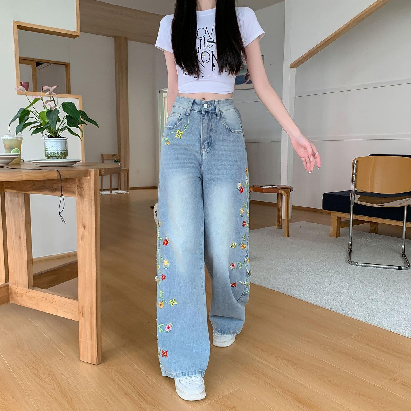 실사 꽃무늬 아라비 움 자수 진주 청바지 여성 새로운 루즈핏 프로필 모양 스트레이트 워싱 롱 바지 상세 이미지 6