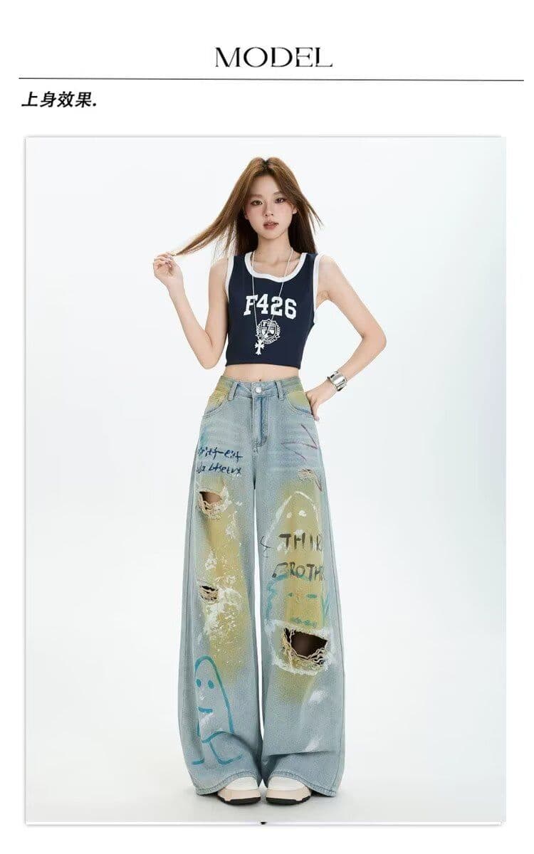 봄 여름 아메리칸 캐주얼 악당 잘 생긴 낙서 페인팅 찢어진 부분 청바지 스트레이트 루즈핏 잉글랜드 와이드 레그 팬츠 어린이 트렌디 상세 이미지 6