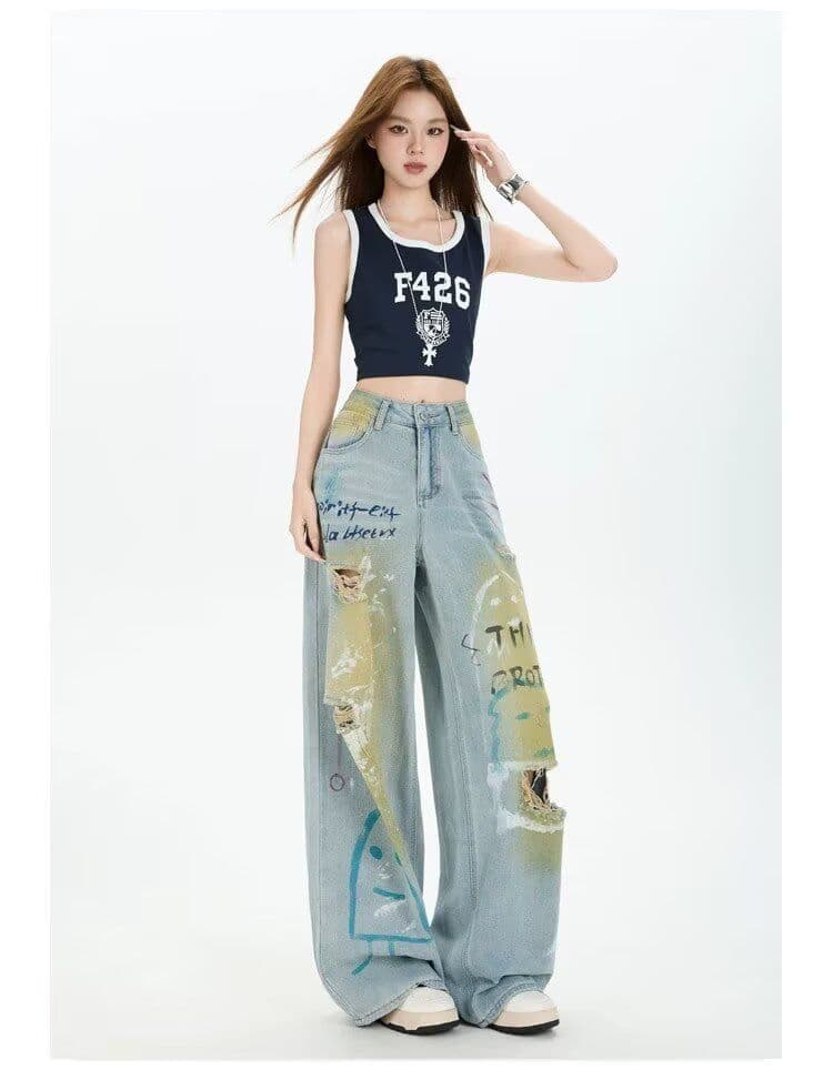 봄 여름 아메리칸 캐주얼 악당 잘 생긴 낙서 페인팅 찢어진 부분 청바지 스트레이트 루즈핏 잉글랜드 와이드 레그 팬츠 어린이 트렌디 상세 이미지 9