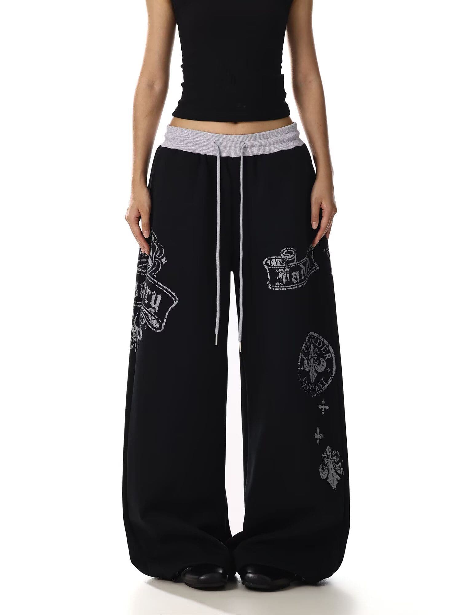 배색 패치워크 알파벳 프린트 넓은 다리 웨이 바지 봄 가을 느긋한 바람 루즈핏 스트레이트 캐주얼 운동 롱 바지 이미지 3