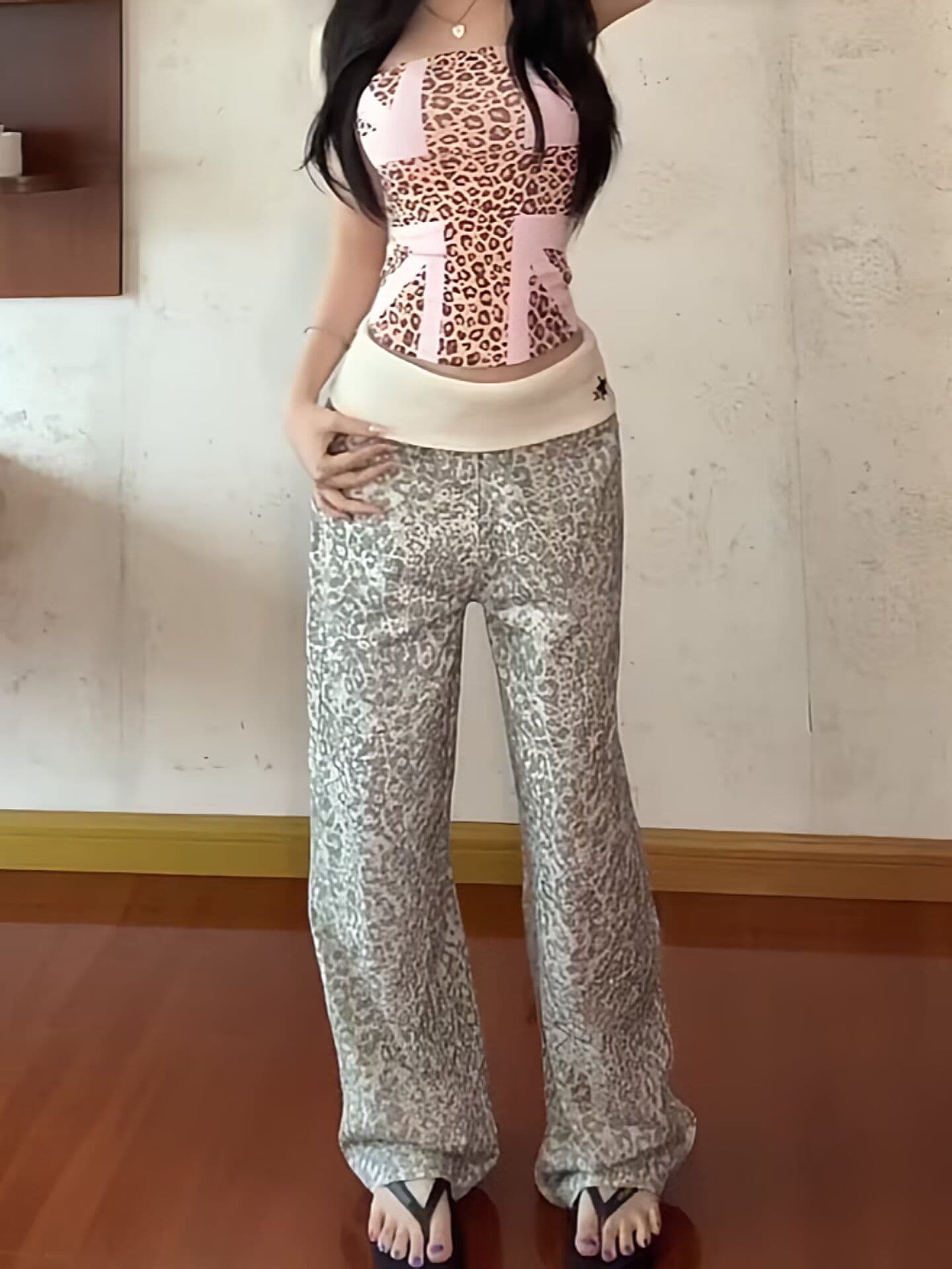 리브 허리밴드 워싱 레오파드 무늬 패치워크 유럽 아메리칸 핫걸 스트레이트 레트로 로우 웨이스트 루즈핏 아니요 막대기 다리 좁은 에디션