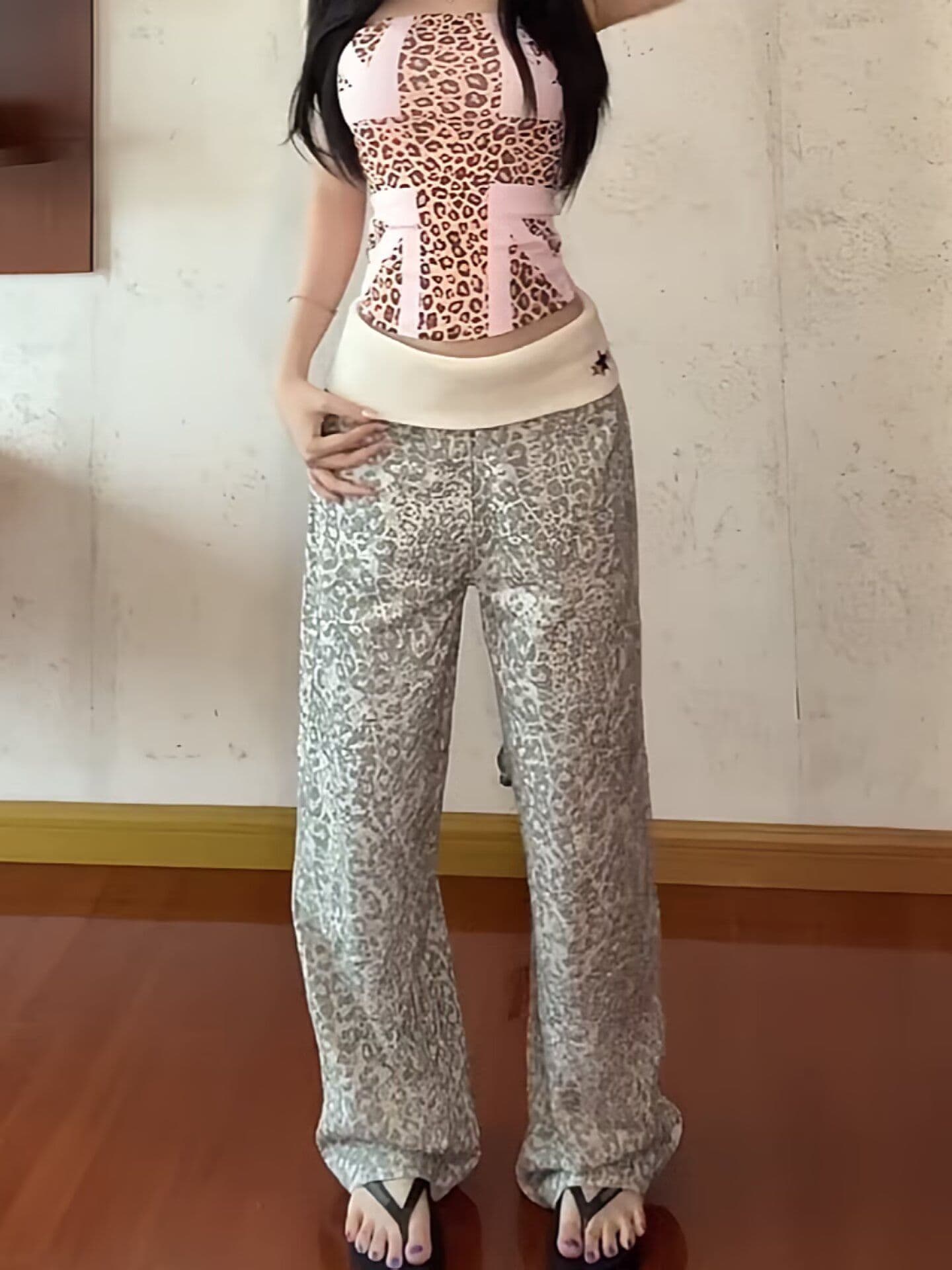 리브 허리밴드 워싱 레오파드 무늬 패치워크 유럽 아메리칸 핫걸 스트레이트 레트로 로우 웨이스트 루즈핏 아니요 막대기 다리 좁은 에디션 이미지 2