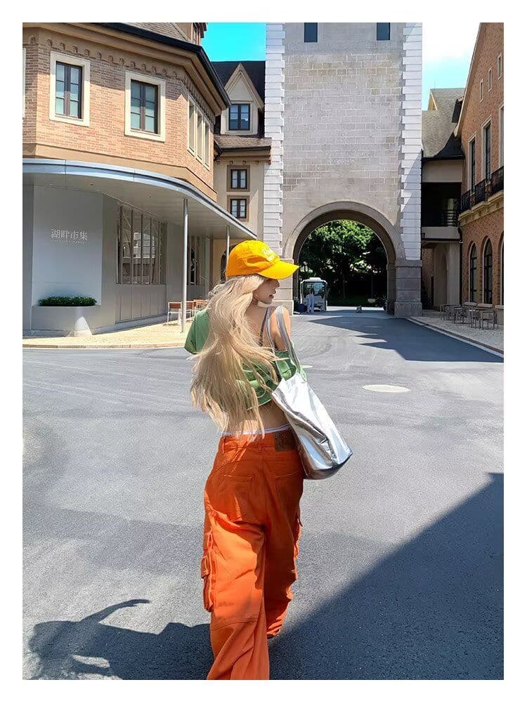 3 차원 기타 주머니 해체 워싱 워크웨어 주황색 트렌드 가을 새로운 루즈핏 슬림해 보이는 스트레이트 와이드 레그 팬츠 상세 이미지 7
