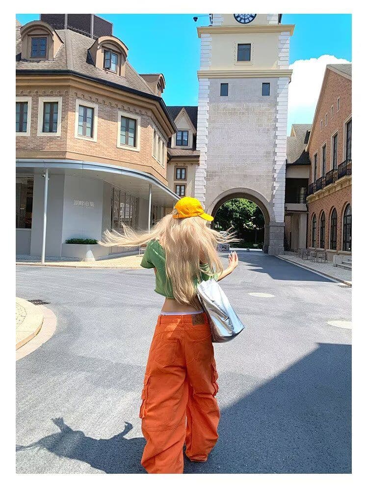 3 차원 기타 주머니 해체 워싱 워크웨어 주황색 트렌드 가을 새로운 루즈핏 슬림해 보이는 스트레이트 와이드 레그 팬츠 상세 이미지 9