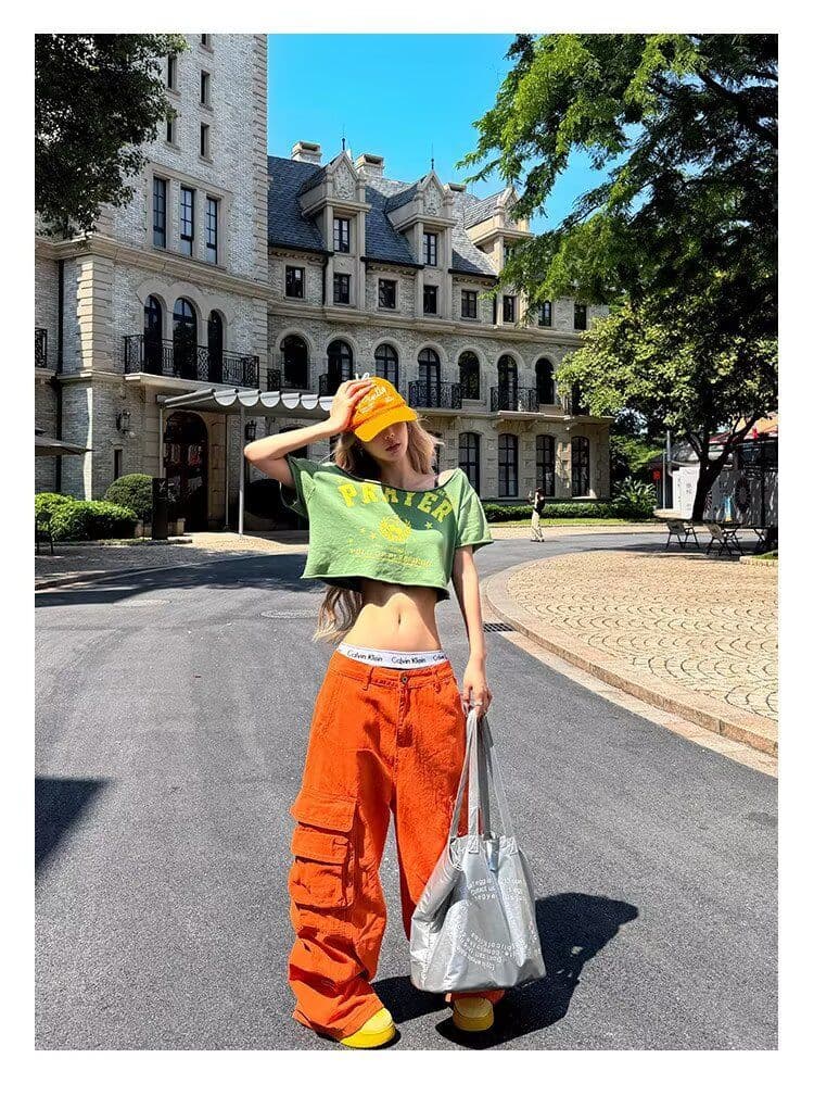 3 차원 기타 주머니 해체 워싱 워크웨어 주황색 트렌드 가을 새로운 루즈핏 슬림해 보이는 스트레이트 와이드 레그 팬츠 상세 이미지 10