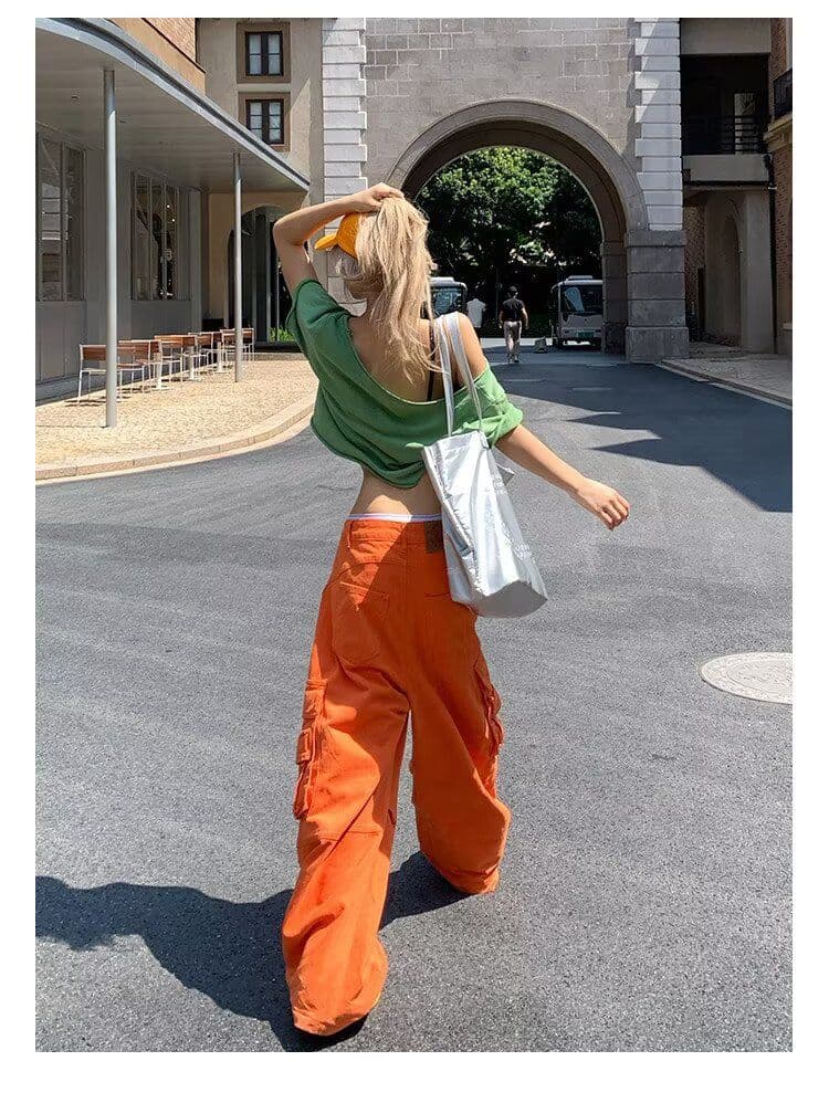 3 차원 기타 주머니 해체 워싱 워크웨어 주황색 트렌드 가을 새로운 루즈핏 슬림해 보이는 스트레이트 와이드 레그 팬츠 상세 이미지 11