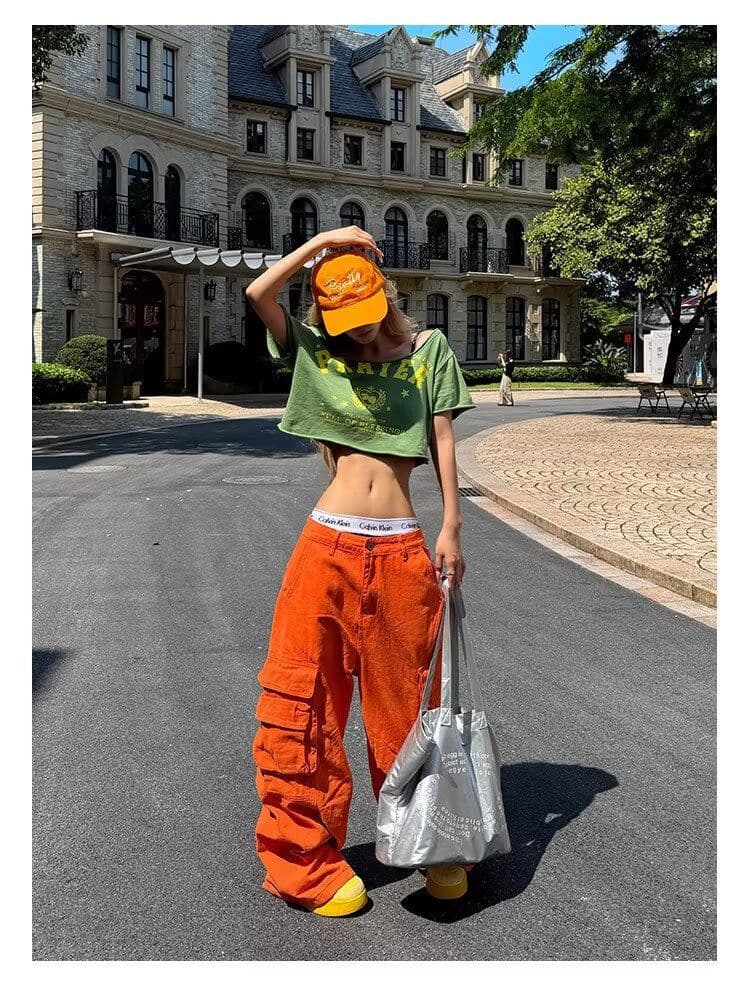 3 차원 기타 주머니 해체 워싱 워크웨어 주황색 트렌드 가을 새로운 루즈핏 슬림해 보이는 스트레이트 와이드 레그 팬츠 상세 이미지 13