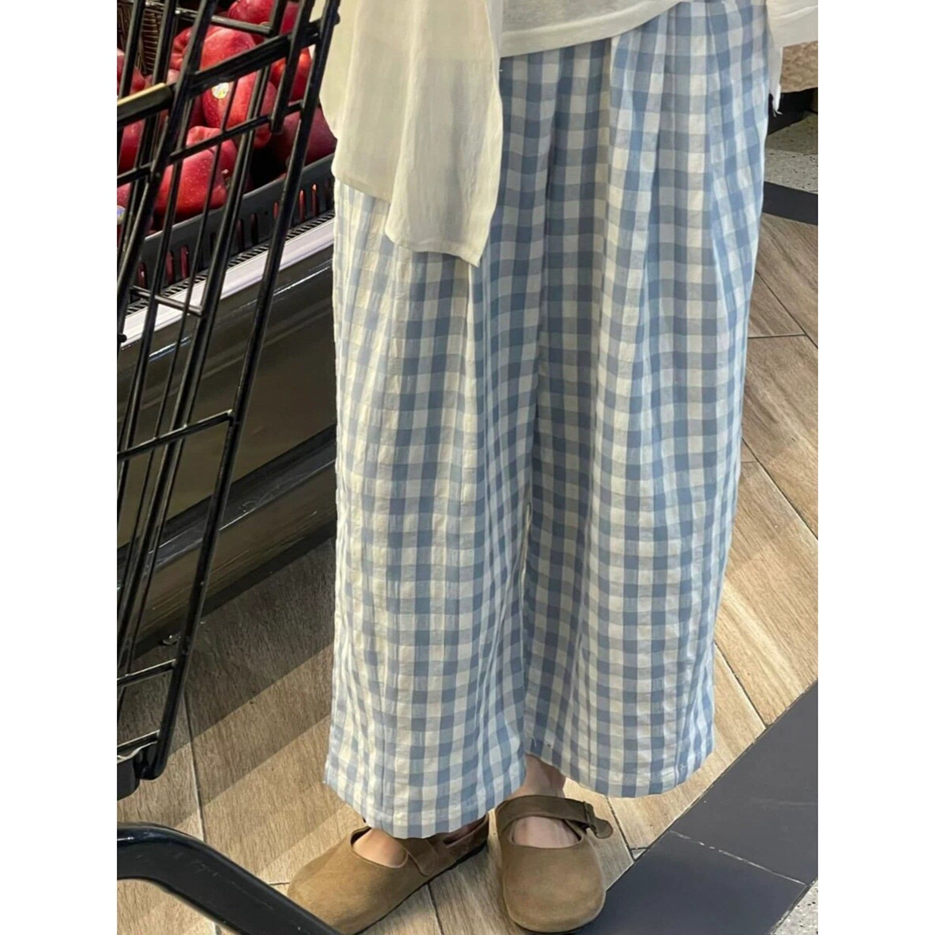 s-6xl 일본식 파란색 체크무늬 구름 바지 여성 여름 섹션 하이웨이스트 루즈핏 슬림해 보이는 캐주얼 풍선 바지 굴곡 바지 이미지 2