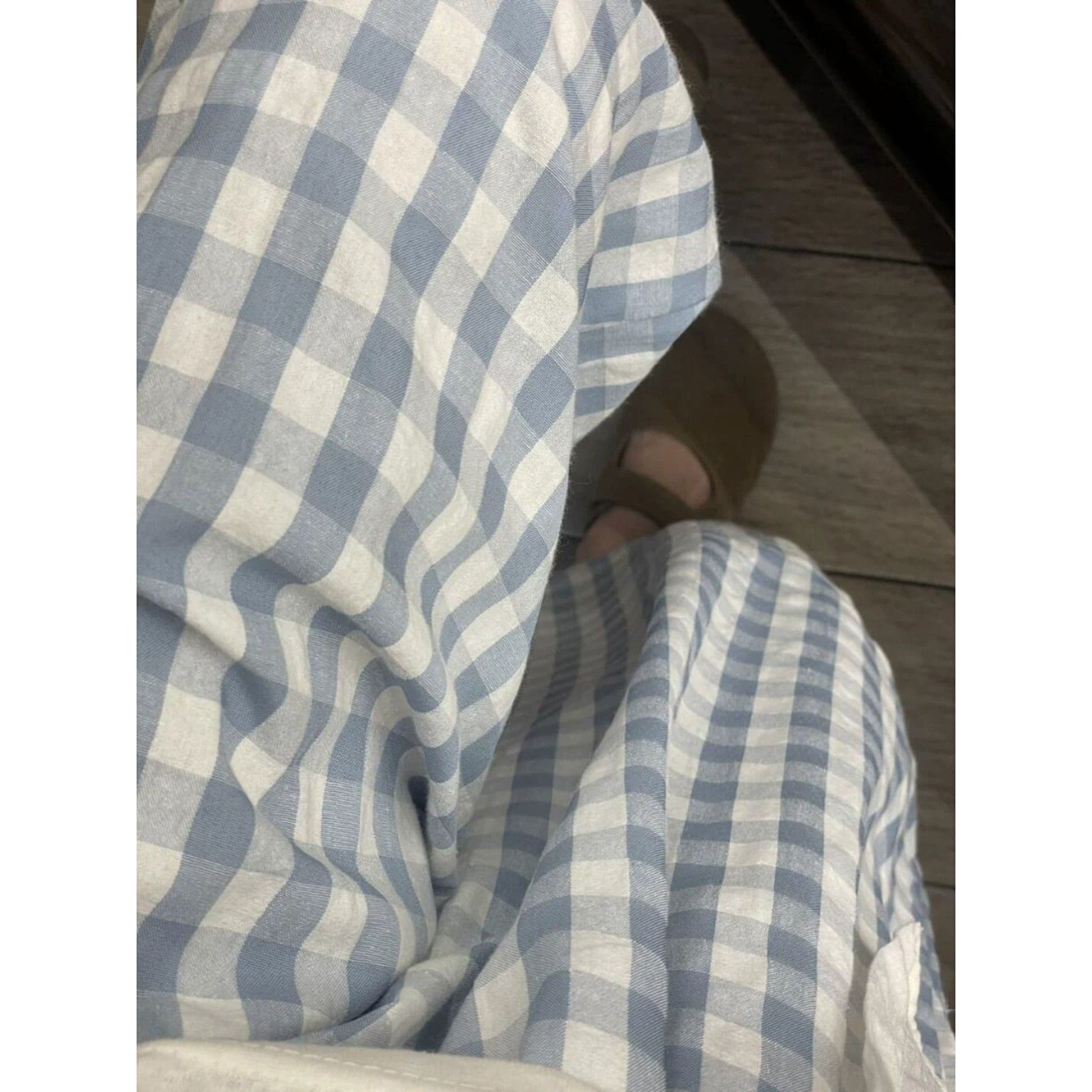 s-6xl 일본식 파란색 체크무늬 구름 바지 여성 여름 섹션 하이웨이스트 루즈핏 슬림해 보이는 캐주얼 풍선 바지 굴곡 바지 이미지 3