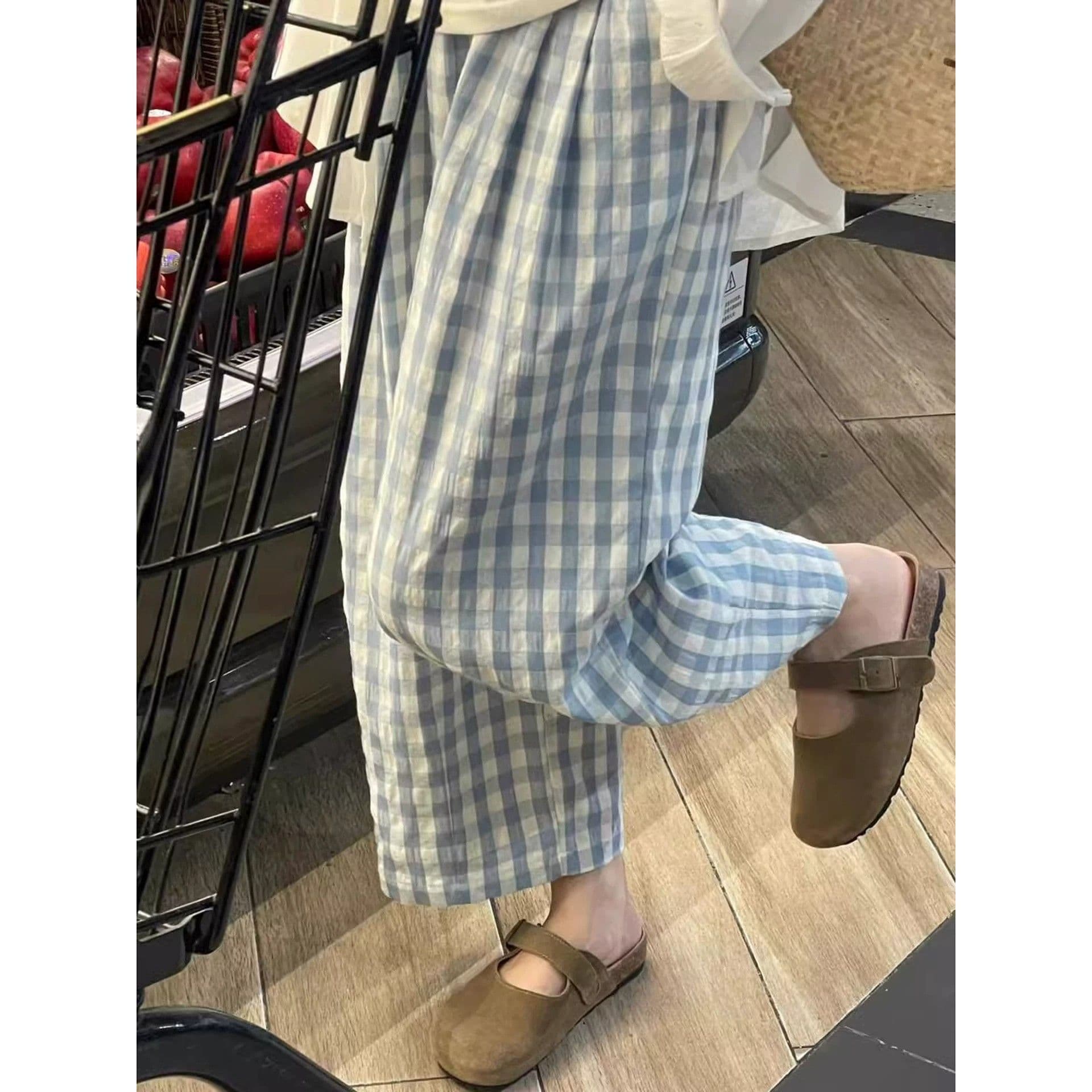 s-6xl 일본식 파란색 체크무늬 구름 바지 여성 여름 섹션 하이웨이스트 루즈핏 슬림해 보이는 캐주얼 풍선 바지 굴곡 바지 상세 이미지 2