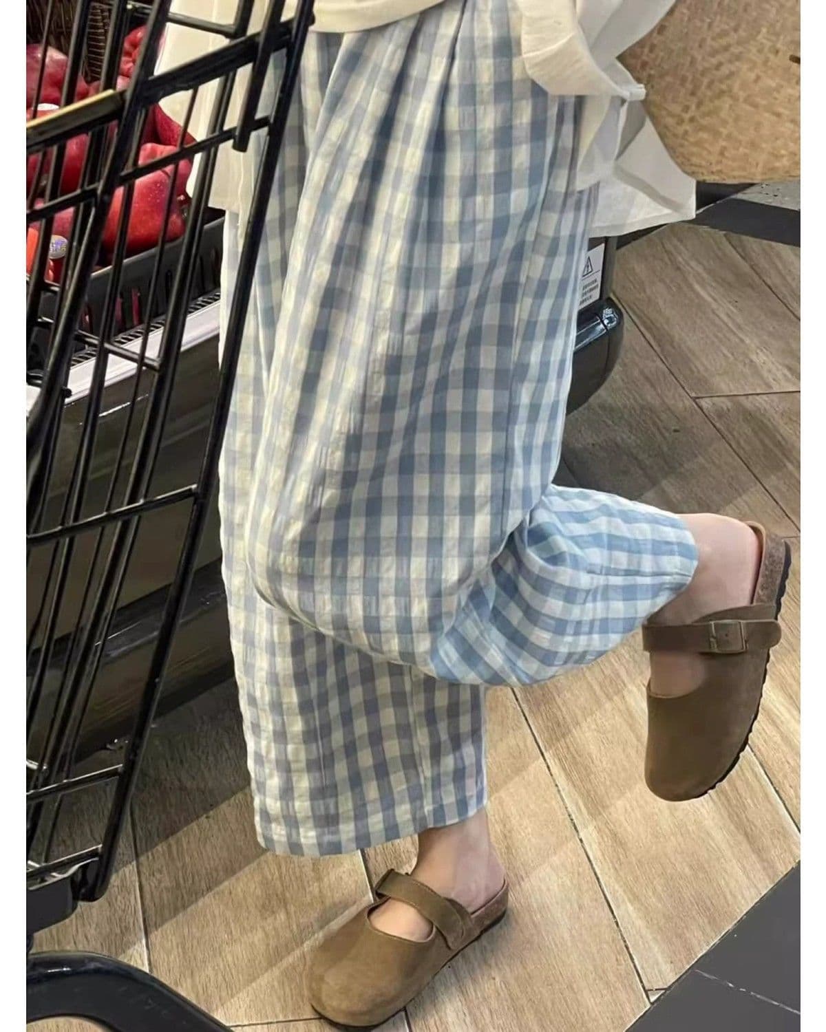 s-6xl 일본식 파란색 체크무늬 구름 바지 여성 여름 섹션 하이웨이스트 루즈핏 슬림해 보이는 캐주얼 풍선 바지 굴곡 바지 상세 이미지 3