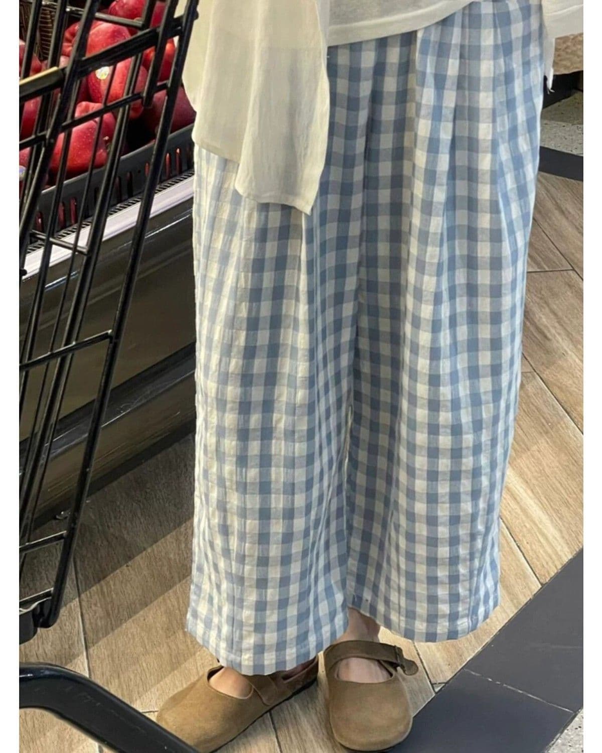 s-6xl 일본식 파란색 체크무늬 구름 바지 여성 여름 섹션 하이웨이스트 루즈핏 슬림해 보이는 캐주얼 풍선 바지 굴곡 바지 상세 이미지 4