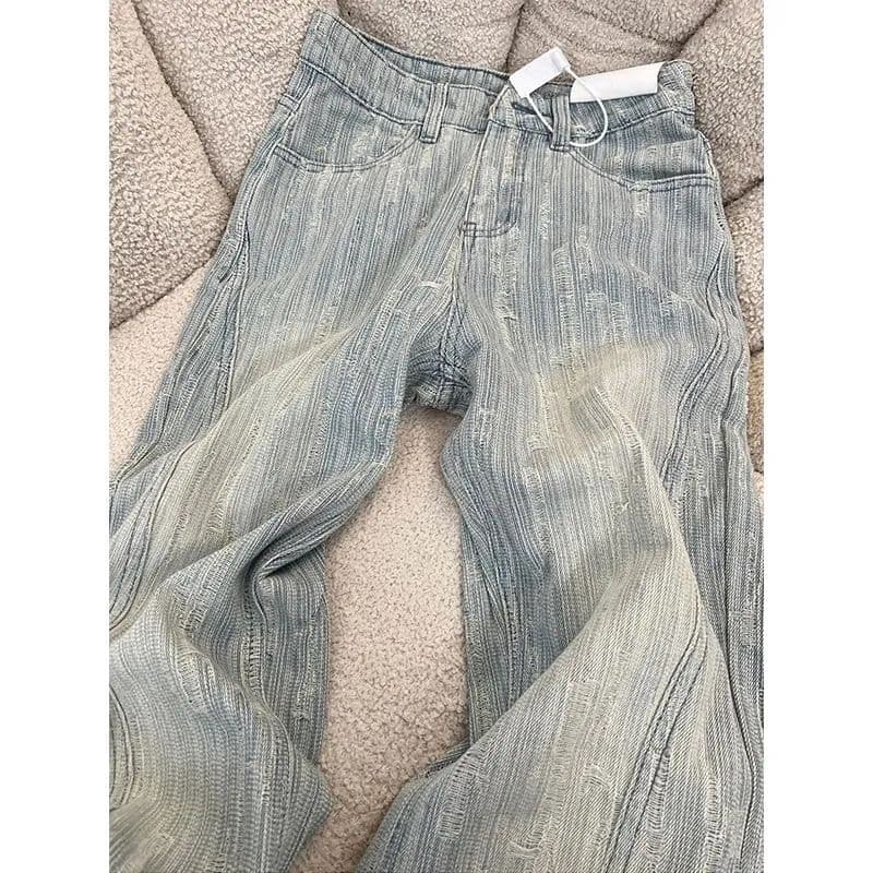 워싱 마 오래된 밝은색 긁다 부수다 자카드 수직 곡물 질감 청바지 작은 대중 아메리칸 레트로 도루 센스 와이드 레그 팬츠 바닥 청소 상세 이미지 5