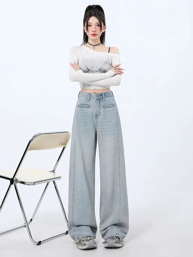하늘색 넓은 다리 청바지 여성 여름 2026 년 새로운 하이웨이스트 슬림해 보이는 디자인 센스 바닥 청소 스트레이트 팬츠 아이들 상세 이미지 10