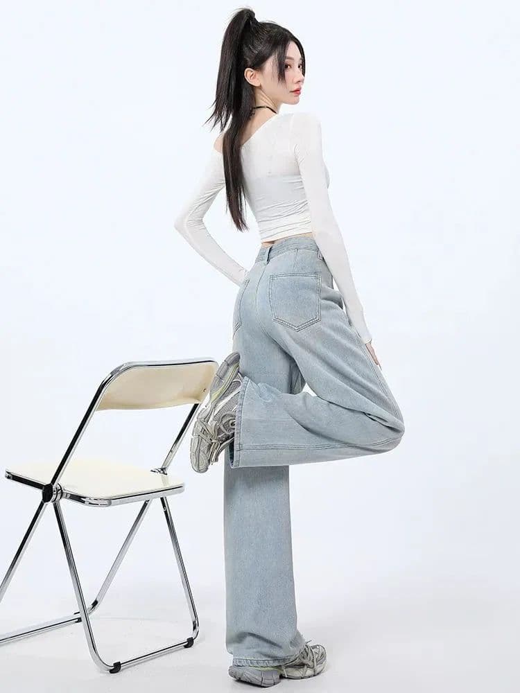 하늘색 넓은 다리 청바지 여성 여름 2026 년 새로운 하이웨이스트 슬림해 보이는 디자인 센스 바닥 청소 스트레이트 팬츠 아이들 상세 이미지 13
