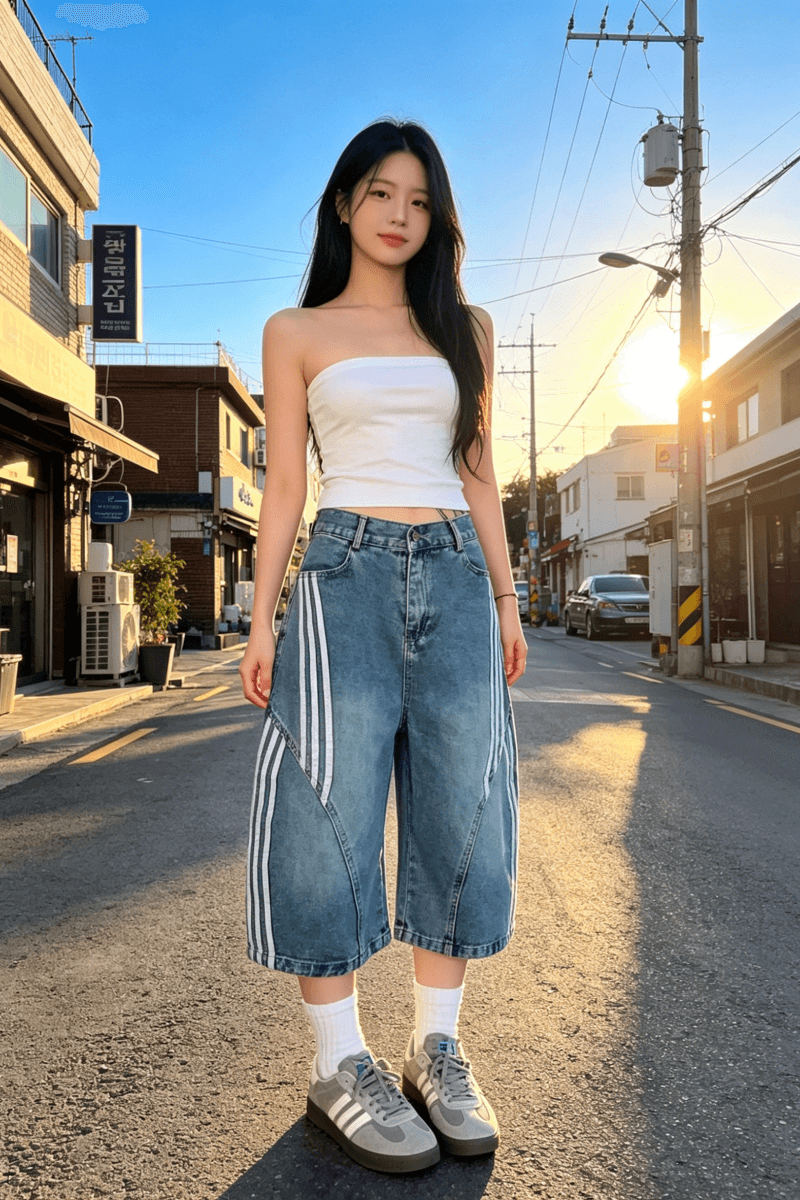 아메리칸 레트로 워싱 모통이 칼 청바지 반바지 여성 디자인 센스 스트라이프 패치워크 하이웨이스트 넓은 다리 7부 바지 이미지 3
