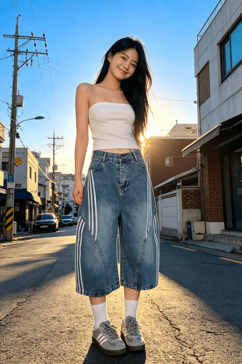 아메리칸 레트로 워싱 모통이 칼 청바지 반바지 여성 디자인 센스 스트라이프 패치워크 하이웨이스트 넓은 다리 7부 바지 상세 이미지 25