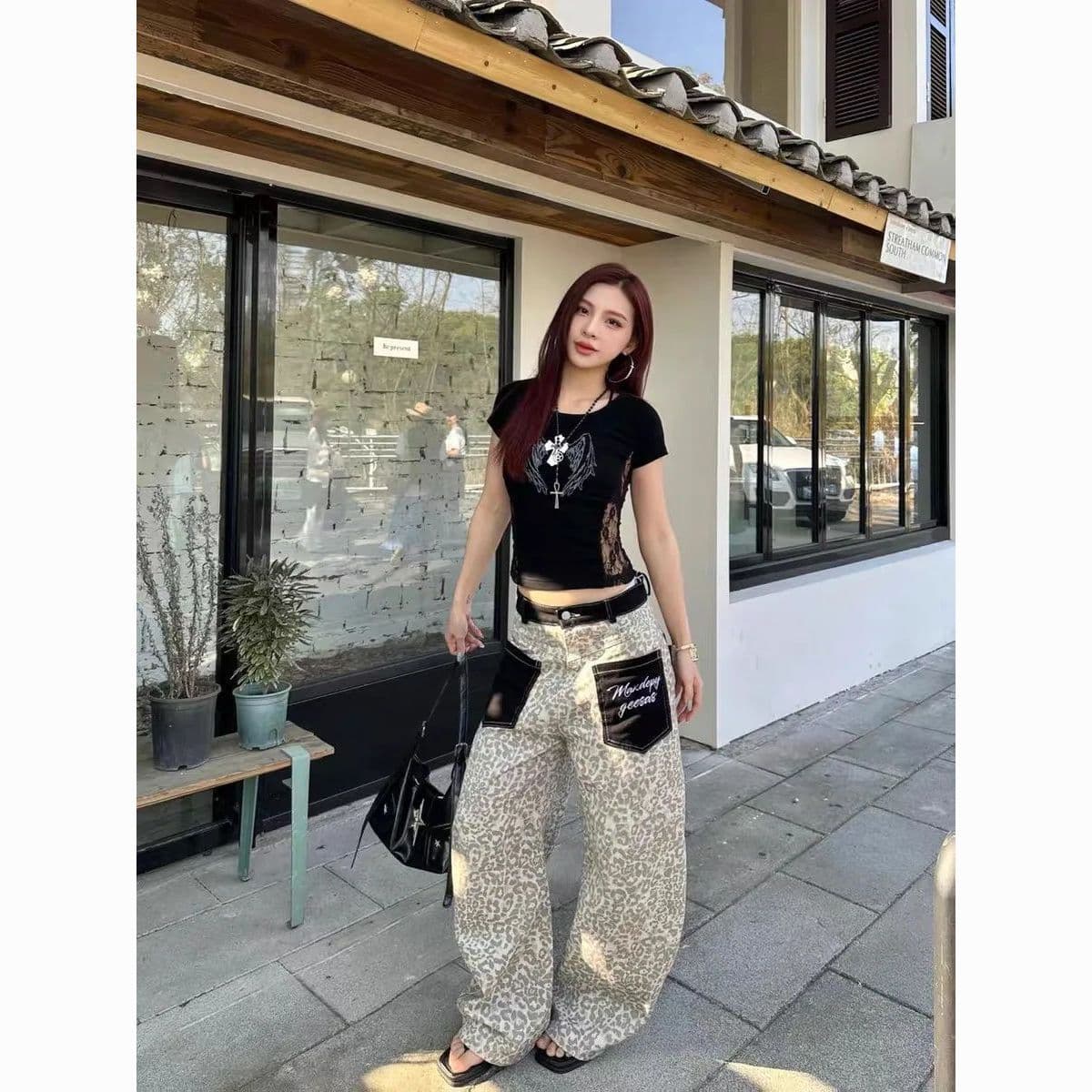 유럽과 미국 거리 레트로 레오파드 무늬 패치워크 알파벳 청바지 새로운 여자 캐주얼 루즈핏 넓은 다리 다용도 바닥 청소 바지 상세 이미지 6