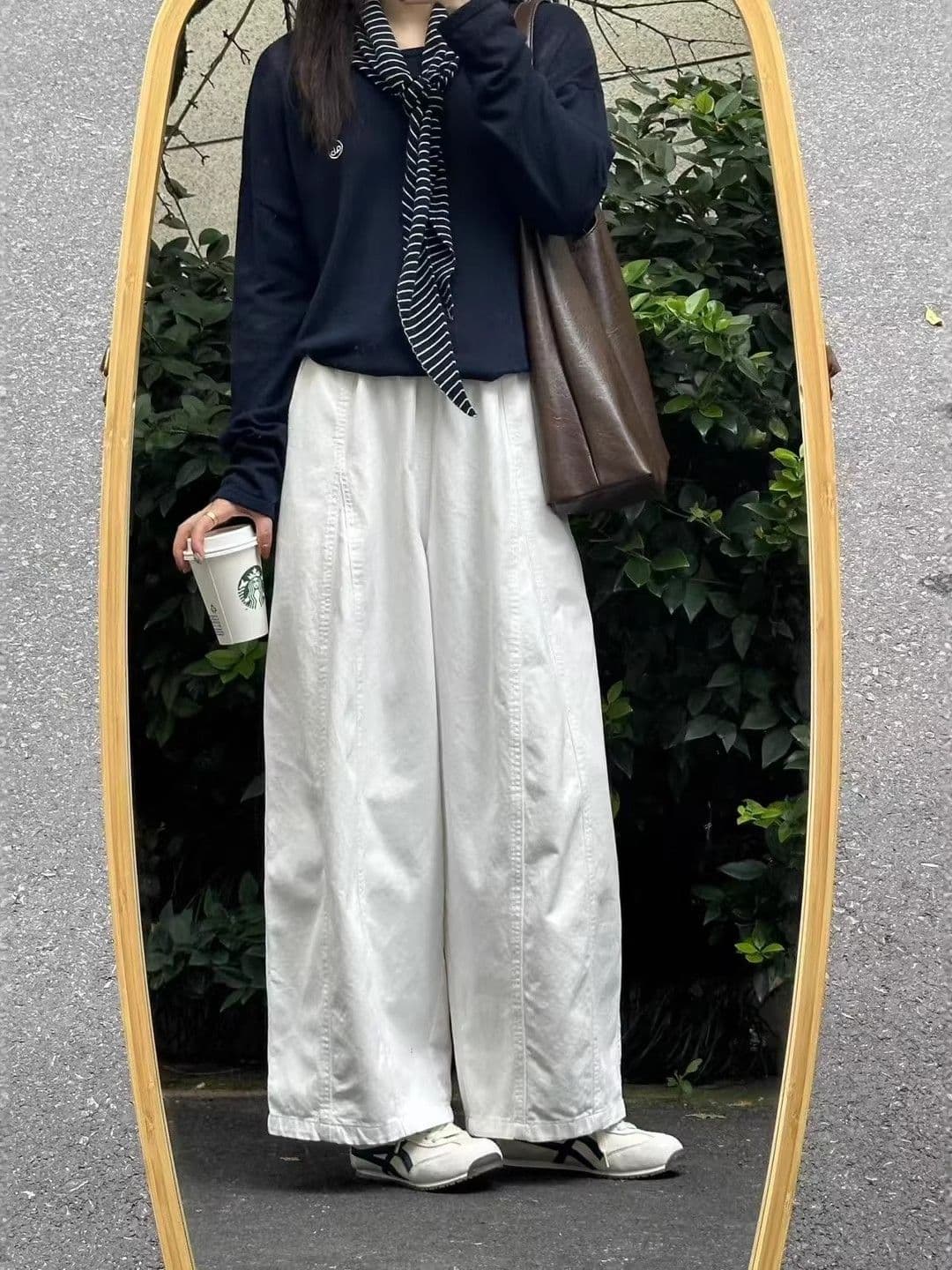 핏 스타일 잘 생긴 ~ 중 와이드 레그 팬츠 화이트 풍선 모통이 칼 바지 빅 사이즈 지방 mm 루즈핏 슬림해 보이는 바지 한 부서 느긋한 바람 이미지 3