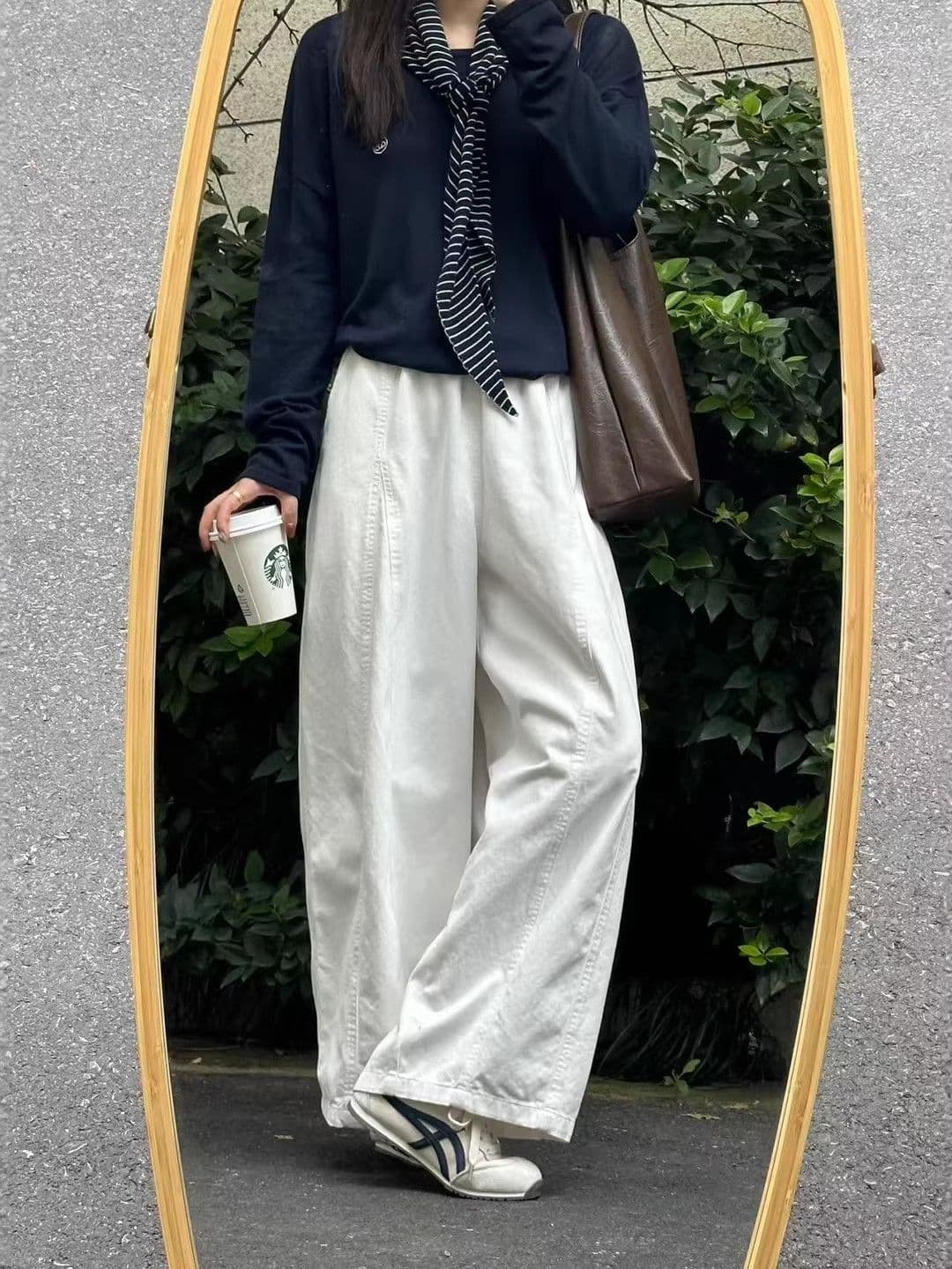 핏 스타일 잘 생긴 ~ 중 와이드 레그 팬츠 화이트 풍선 모통이 칼 바지 빅 사이즈 지방 mm 루즈핏 슬림해 보이는 바지 한 부서 느긋한 바람 이미지 4