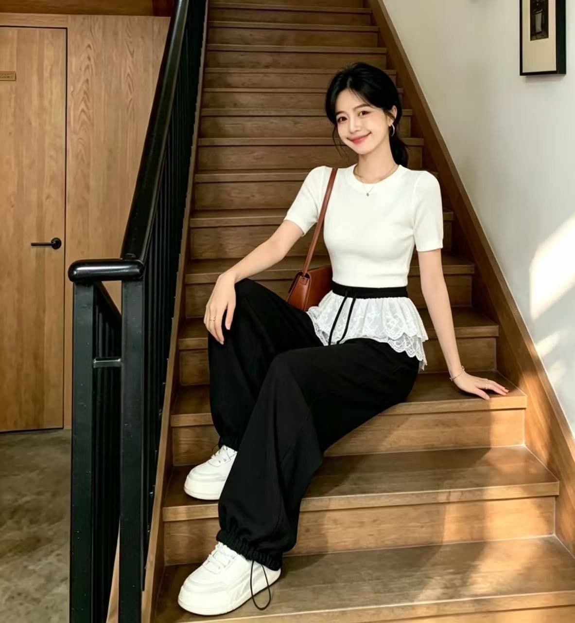 디자인 센스 페이크 레이어드 레이스 방귀 커튼 레이스업 와이드 레깅스 바지 여름 빛 럭셔리 고급 센스 캐주얼 스트레이트 바지 상세 이미지 1