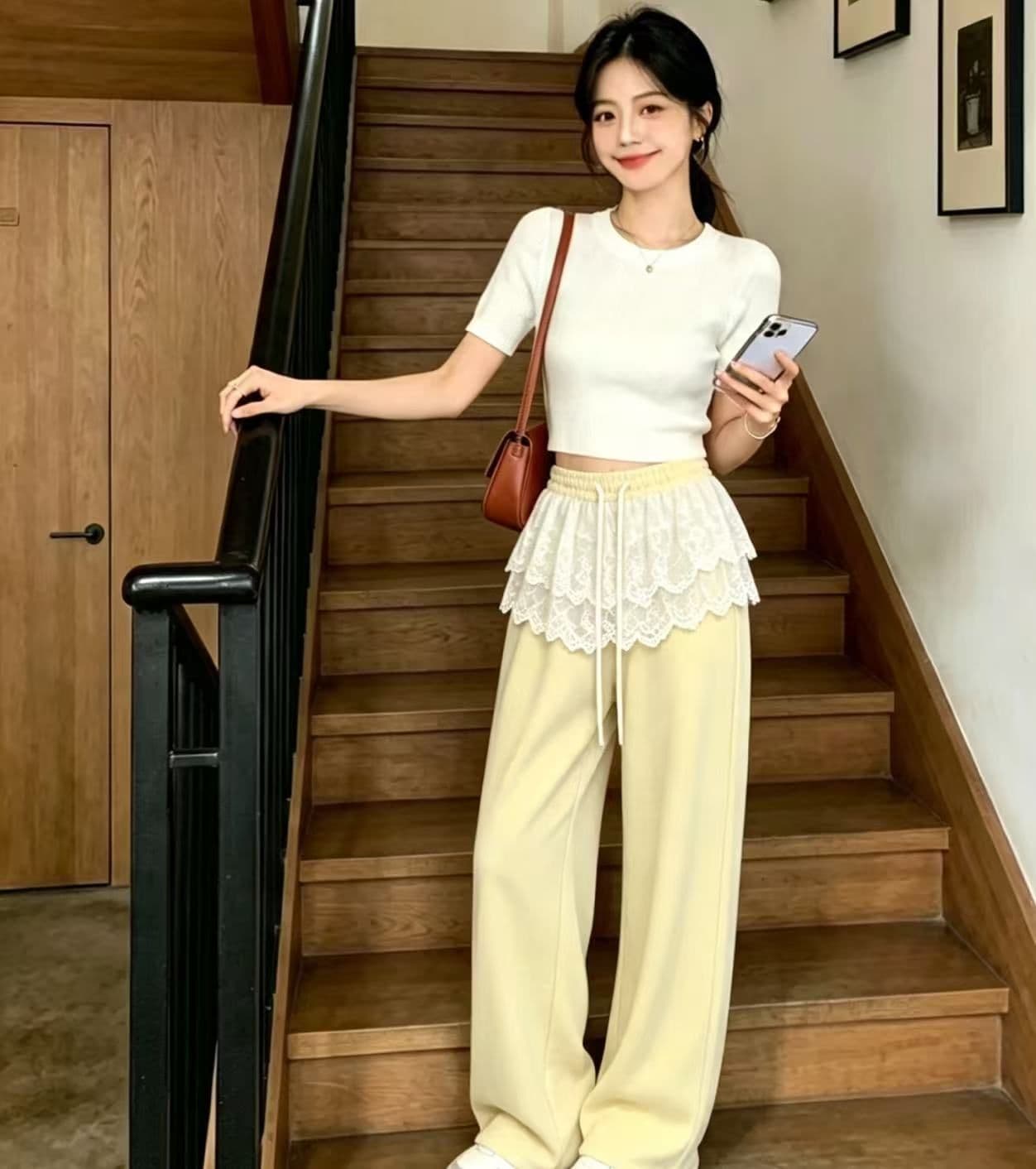 디자인 센스 페이크 레이어드 레이스 방귀 커튼 레이스업 와이드 레깅스 바지 여름 빛 럭셔리 고급 센스 캐주얼 스트레이트 바지 상세 이미지 10