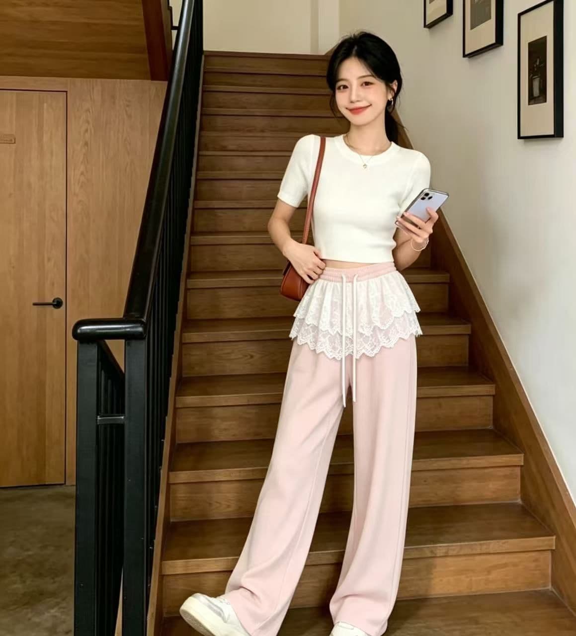 디자인 센스 페이크 레이어드 레이스 방귀 커튼 레이스업 와이드 레깅스 바지 여름 빛 럭셔리 고급 센스 캐주얼 스트레이트 바지 상세 이미지 11