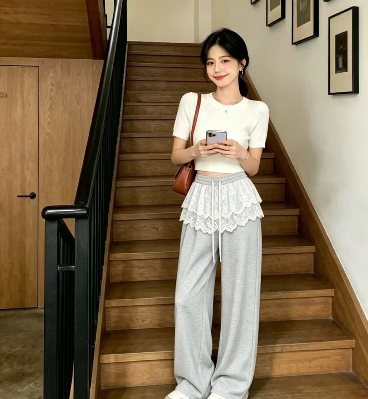 디자인 센스 페이크 레이어드 레이스 방귀 커튼 레이스업 와이드 레깅스 바지 여름 빛 럭셔리 고급 센스 캐주얼 스트레이트 바지 상세 이미지 15