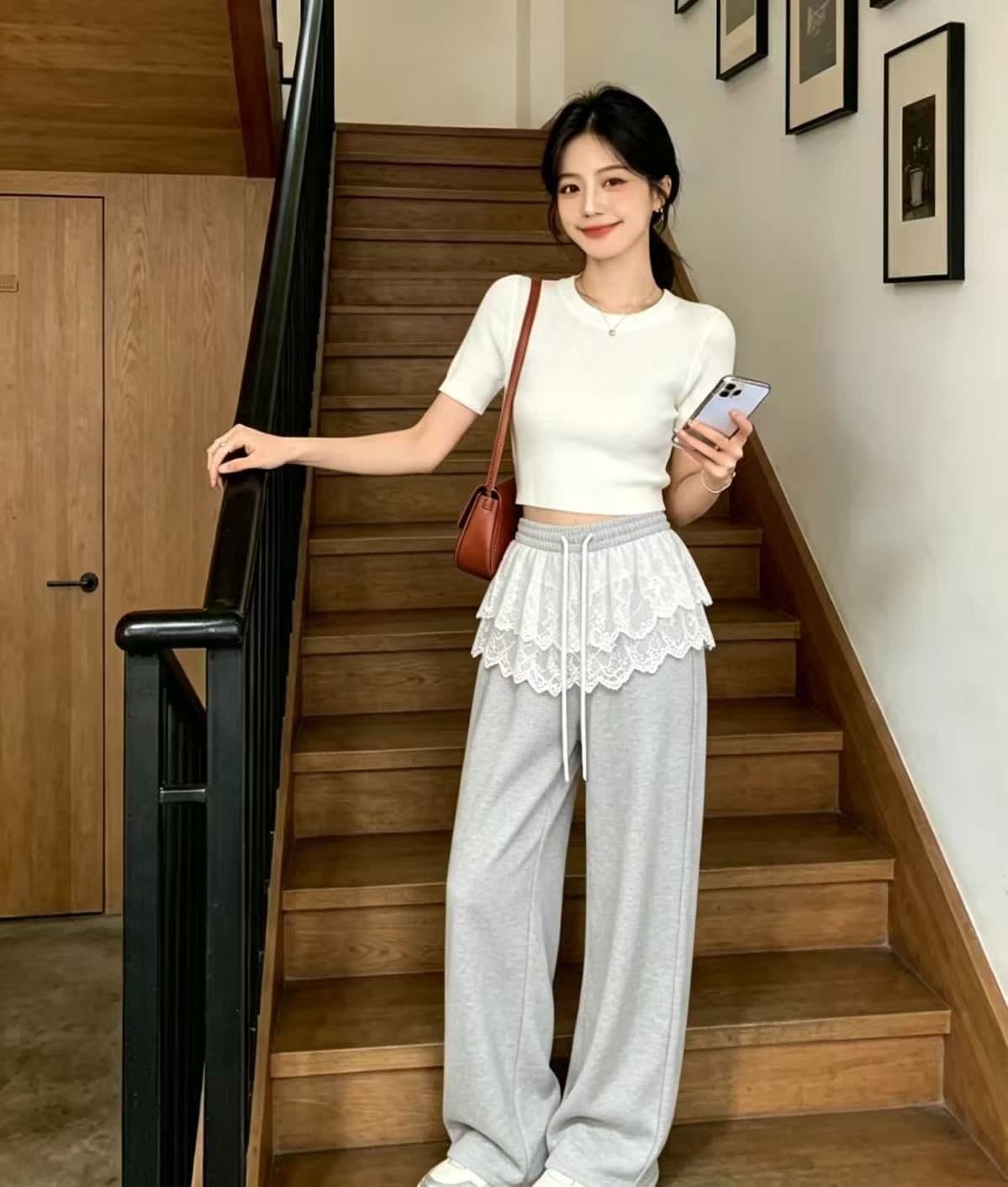 디자인 센스 페이크 레이어드 레이스 방귀 커튼 레이스업 와이드 레깅스 바지 여름 빛 럭셔리 고급 센스 캐주얼 스트레이트 바지 상세 이미지 19